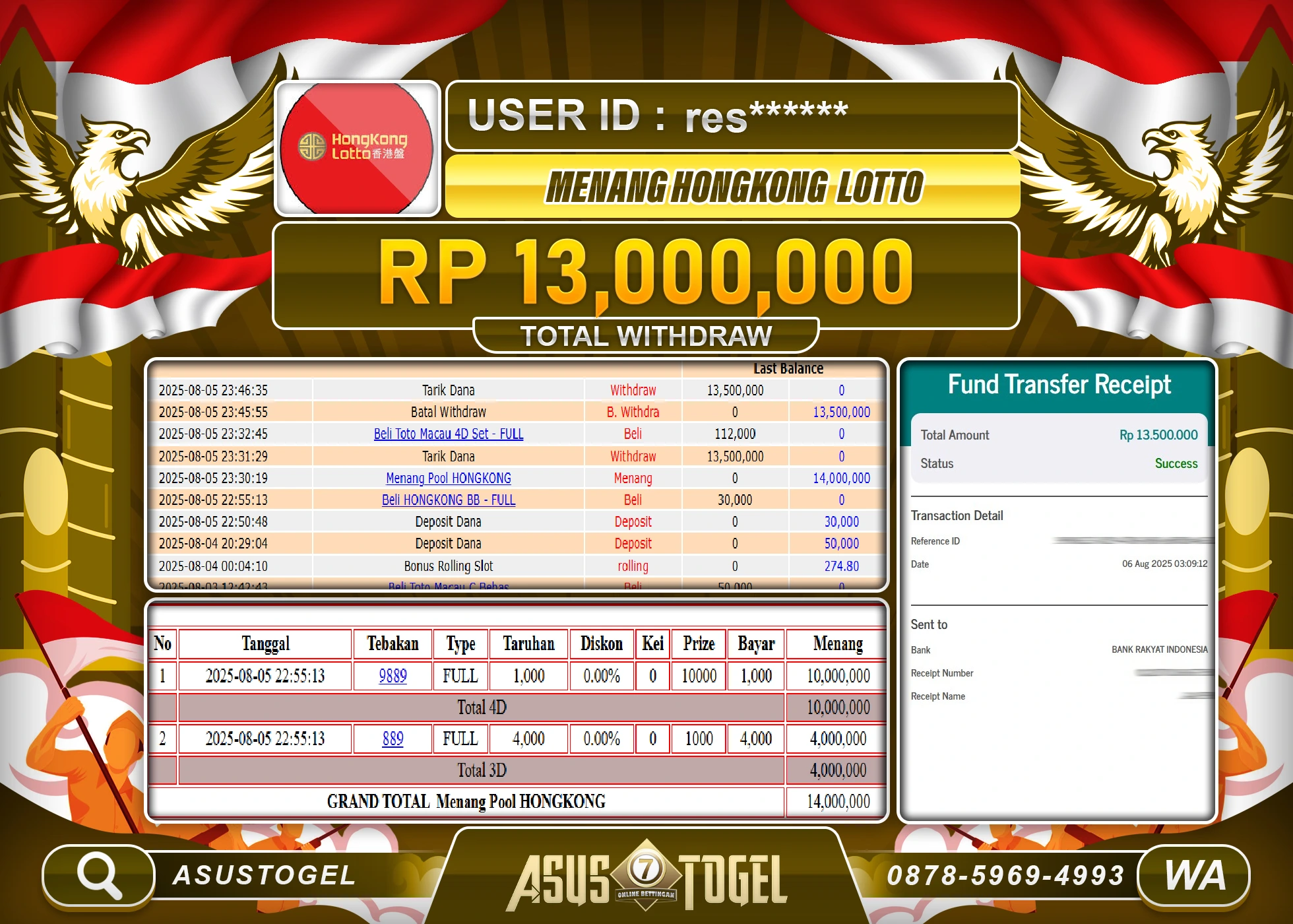 ASUSTOGEL KEMENANGAN DI TOGEL HONGKONG LOTTO SEBESAR 13,000,000- RUPIAH LUNAS