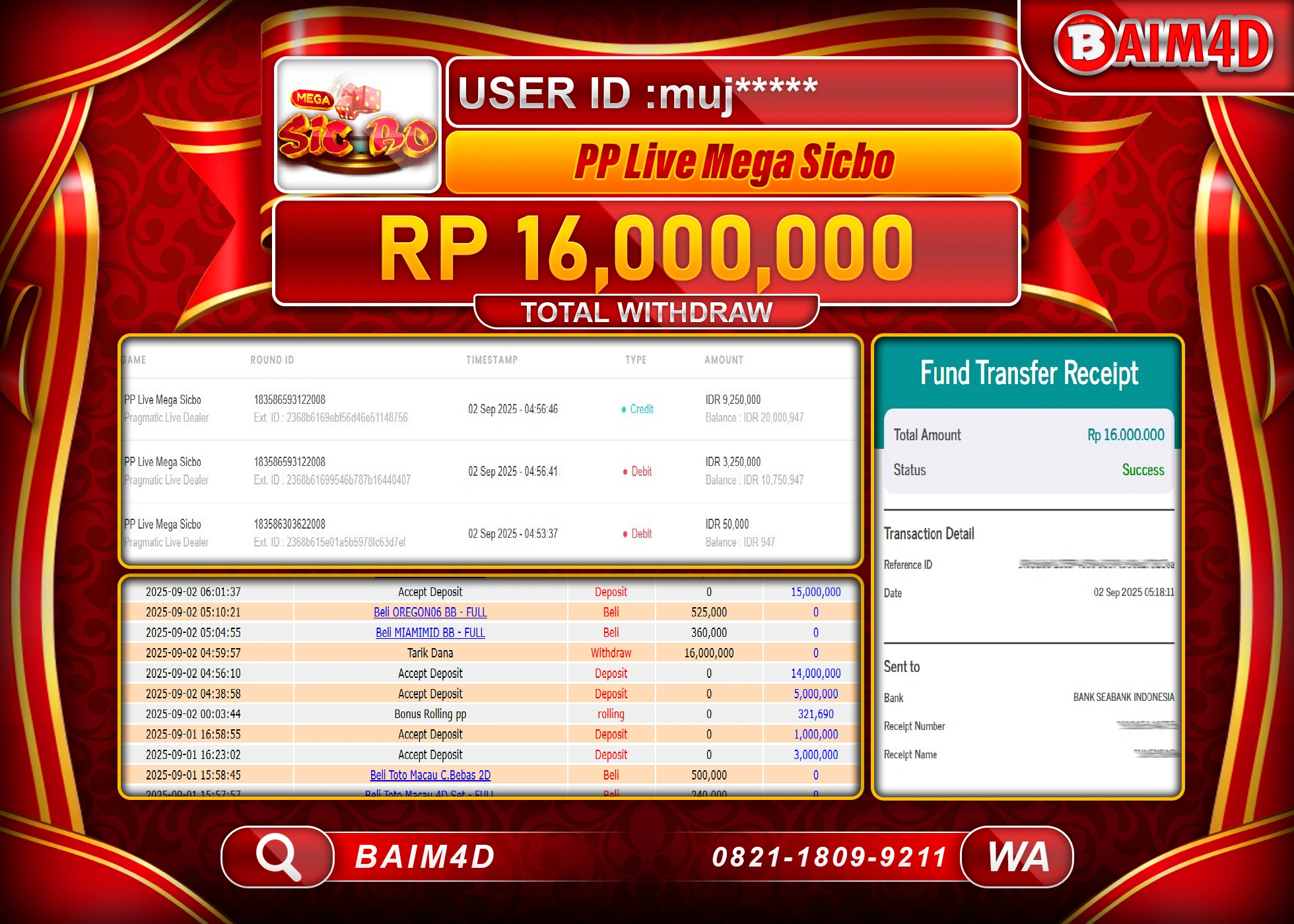 BAIM4D JACKPOT MENANG PP LIVE MEGA SICBO Rp.16,000,000.- LUNAS