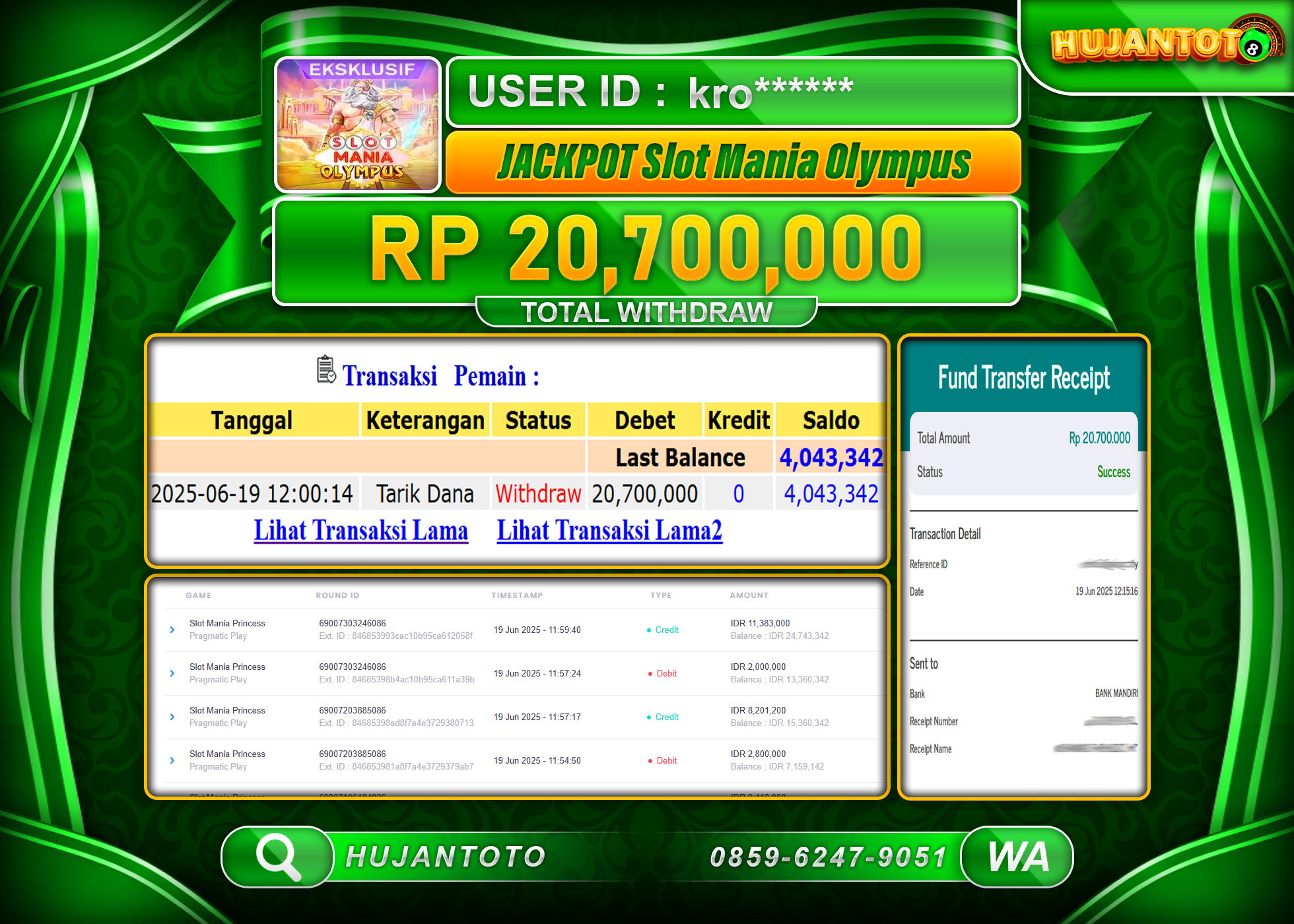HUJANTOTO - BUKTI JACKPOT MENANG SLOT MANIA OLYMPUS Rp.20,700,000 - TERBAYAR LUNAS