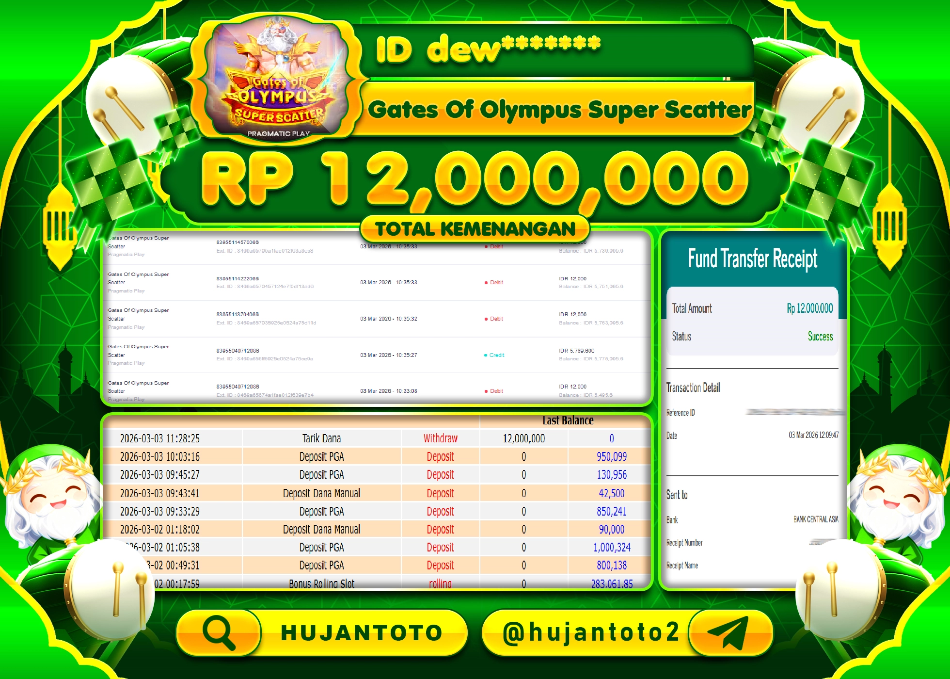 HUJANTOTO - BUKTI JACKPOT MENANG SLOT GATES  OF OLYMPUS SUPER SCATER Rp.12,000,000 - TERBAYAR LUNAS
