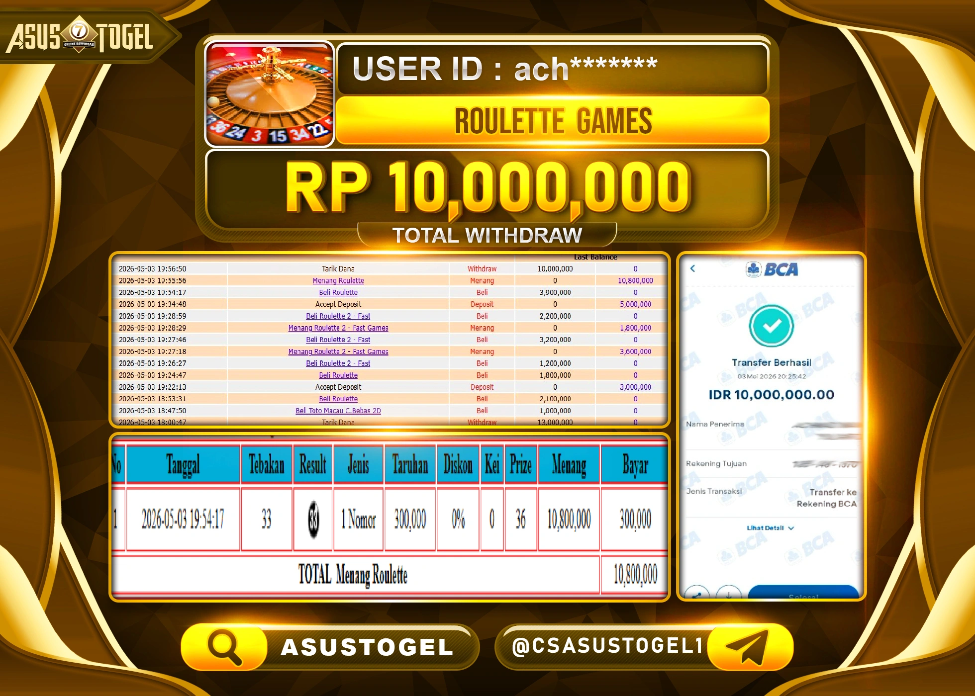 ASUSTOGEL KEMENANGAN JACKPOT DI PERMAINAN ROULETTE  GAMES SEBESAR Rp.10,000,000 - RUPIAH LUNAS