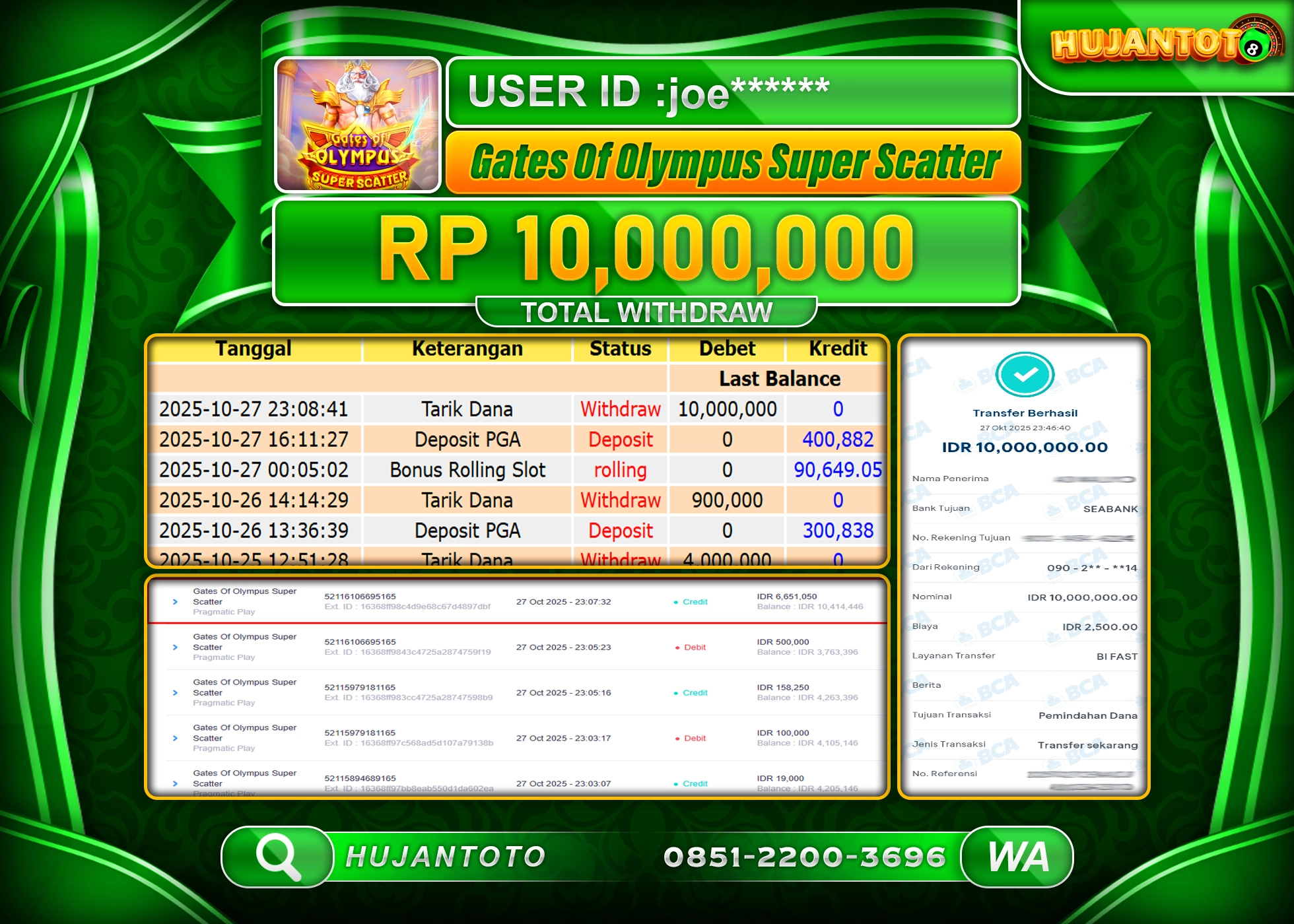 HUJANTOTO - BUKTI JACKPOT MENANG SLOT GATES OF OLYMPUS SUPER SCATTER Rp.10,000,000 - TERBAYAR LUNAS