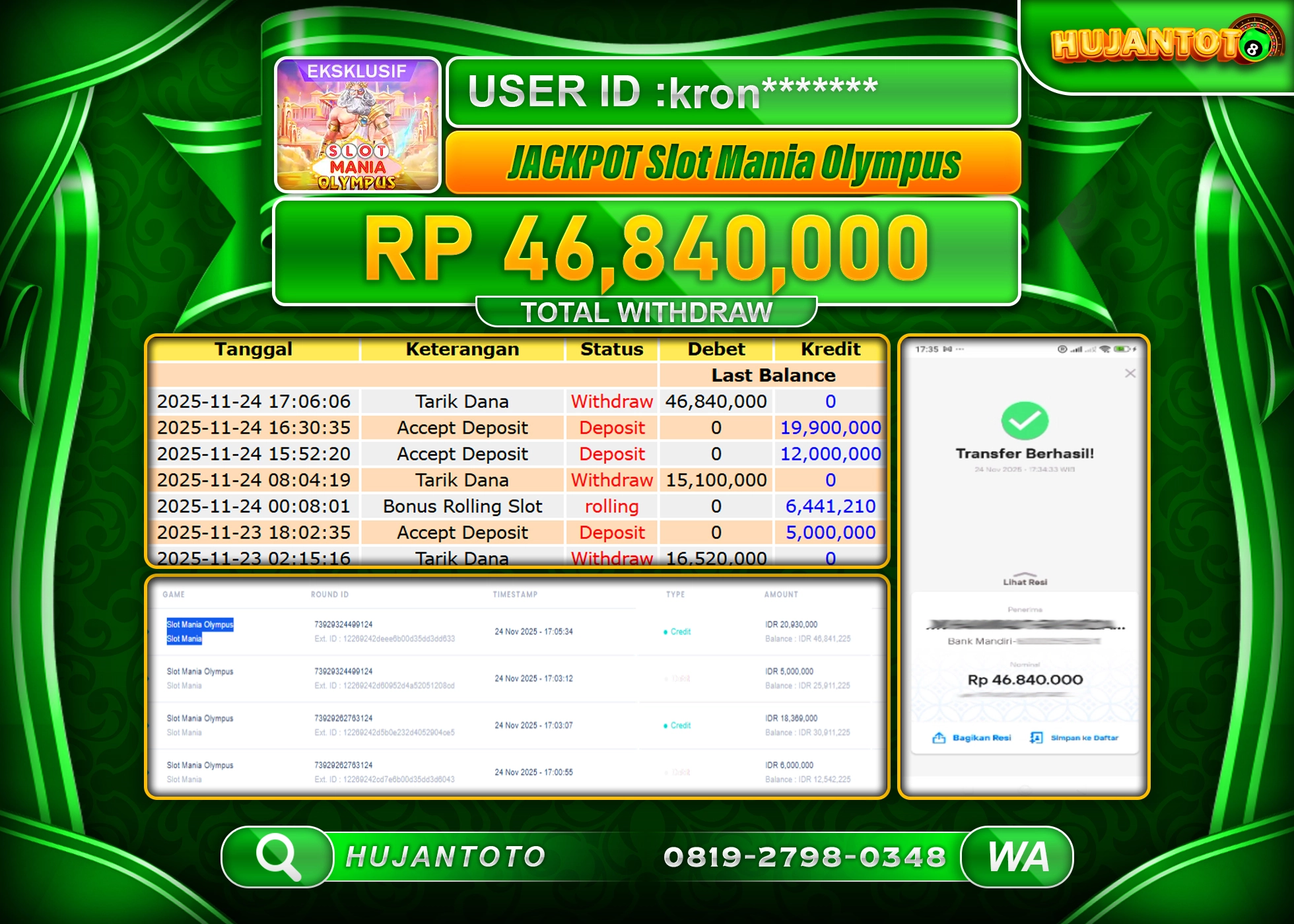 HUJANTOTO - BUKTI JACKPOT MENANG SLOT Mania Olympus Rp.46,840,000 - TERBAYAR LUNAS