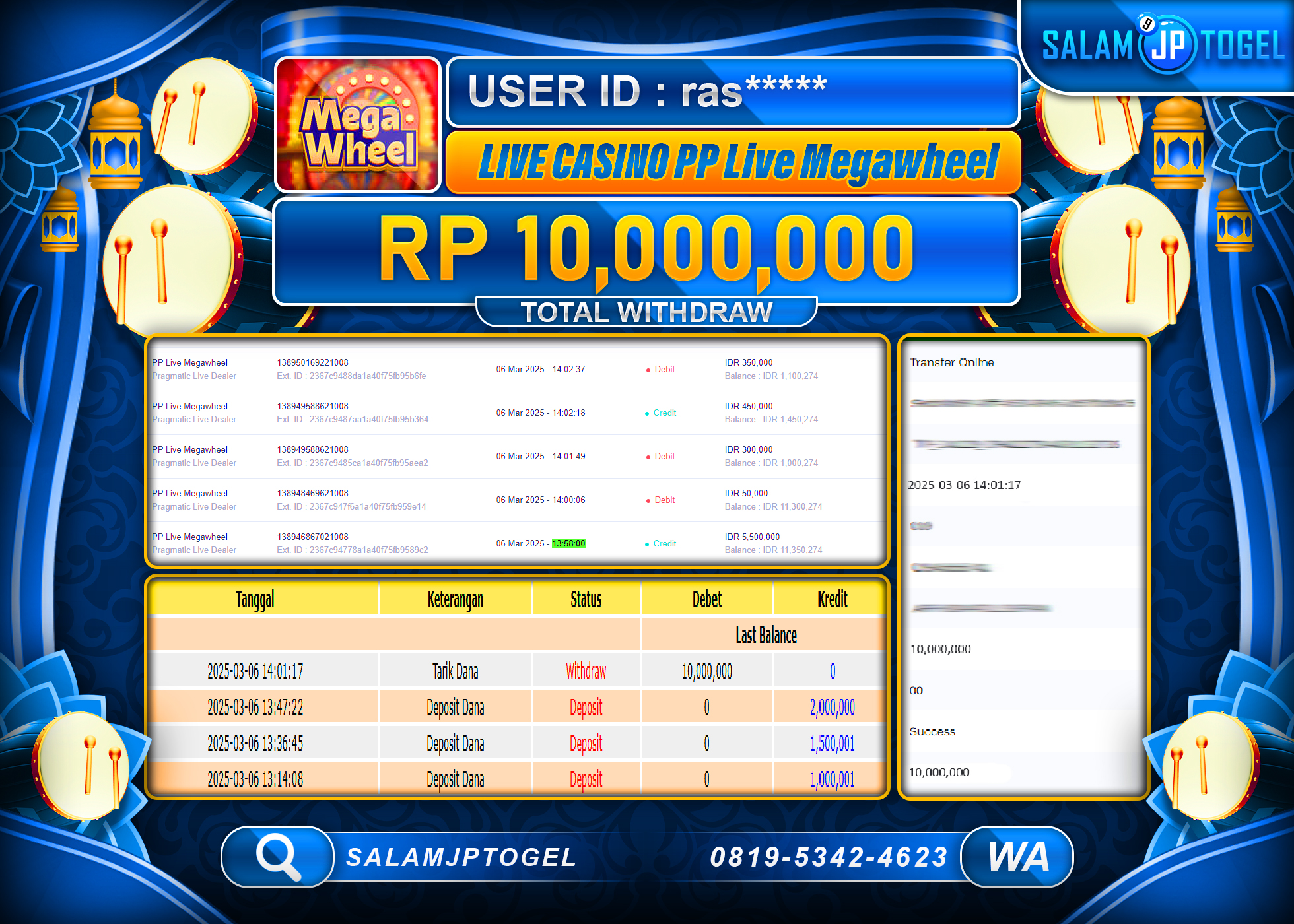 SALAMJPTOGEL MENANG CASINO PP MEGAWHEEL Rp. 10,000,000 LUNAS