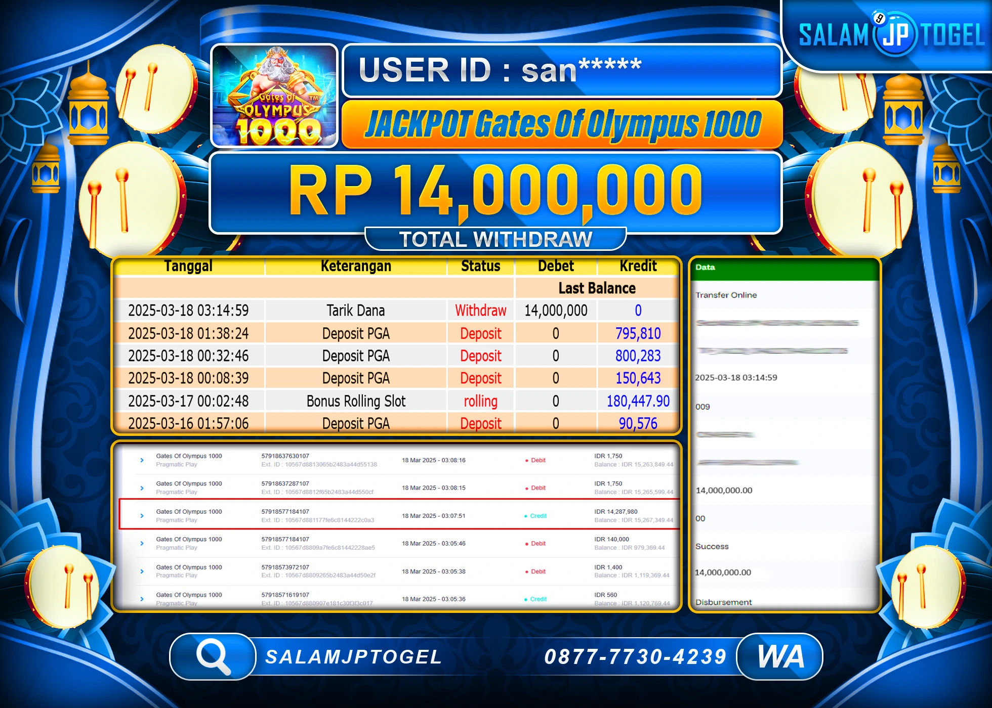 SALAMJPTOGEL MENANG GATES OF OLYMPUS 1000 Rp. 14,000,000 LUNAS