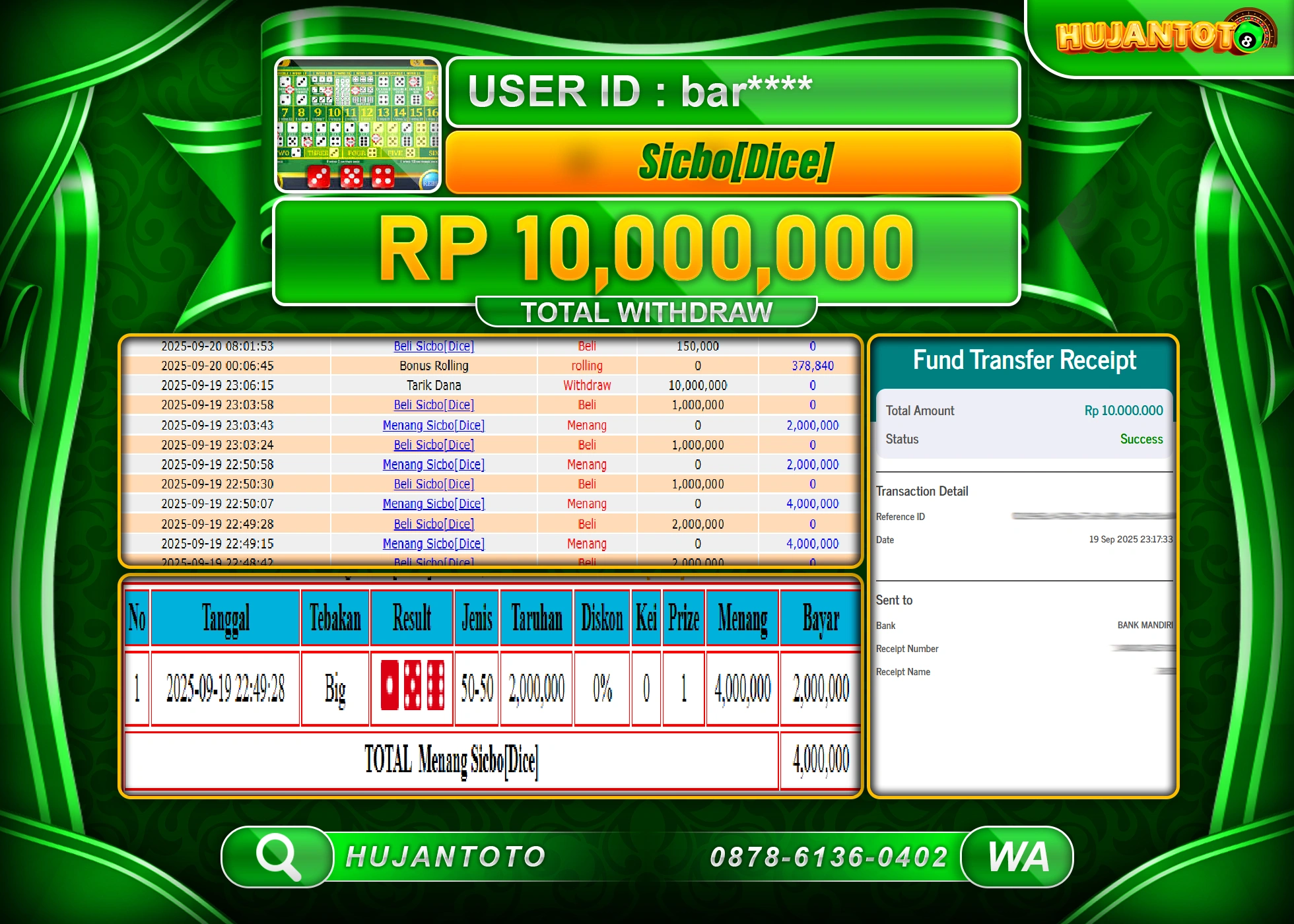 HUJANTOTO - BUKTI JACKPOT MENANG LIVEGAMES SICBO DICE Rp.10,000,000 - TERBAYAR LUNAS