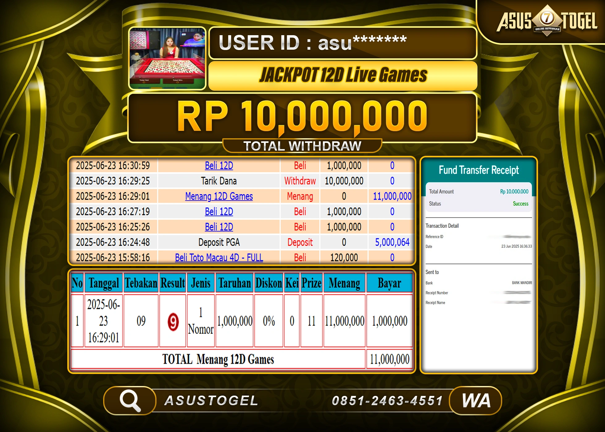 ASUSTOGEL KEMENANGAN DI LIVEGAME 12D GAMES SEBESAR 10,000,000- RUPIAH LUNAS