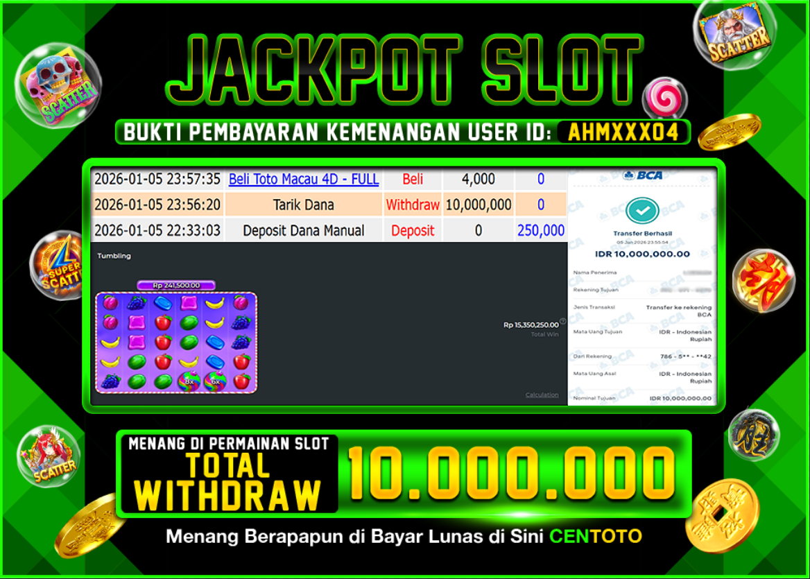 BUKTI JACKPOT SLOT CENTOTO  RP.10.000.000,-LUNAS