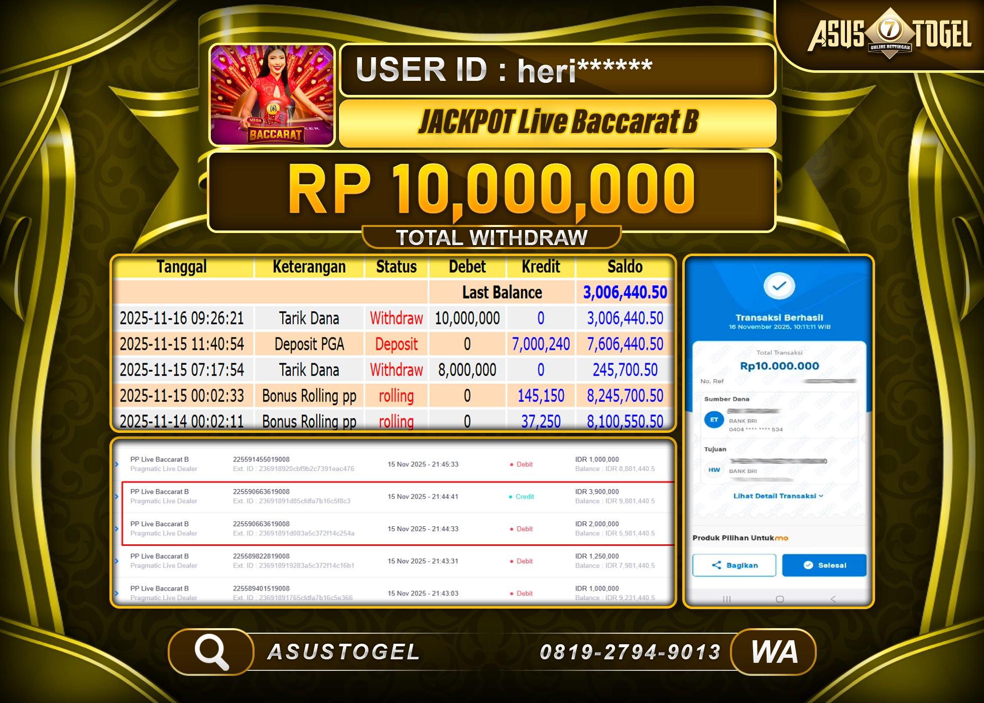 ASUSTOGEL KEMENANGAN DI LIVE GAMES PP BACCARAT B SEBESAR 10,000,000 - RUPIAH LUNAS