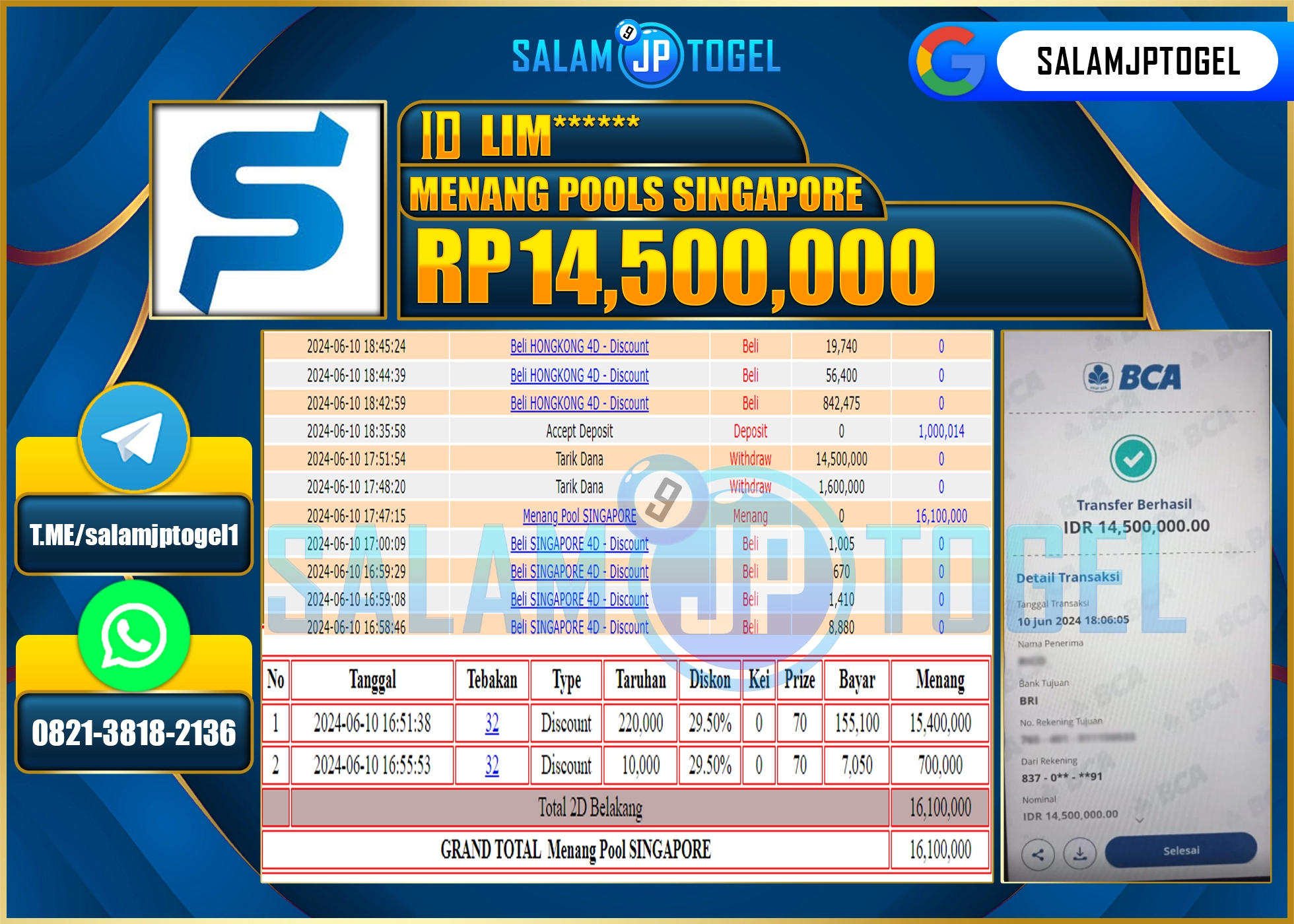 SALAMJPTOGEL MENANG POOLS SINGAPORE RP. 14,500,000.,LUNAS