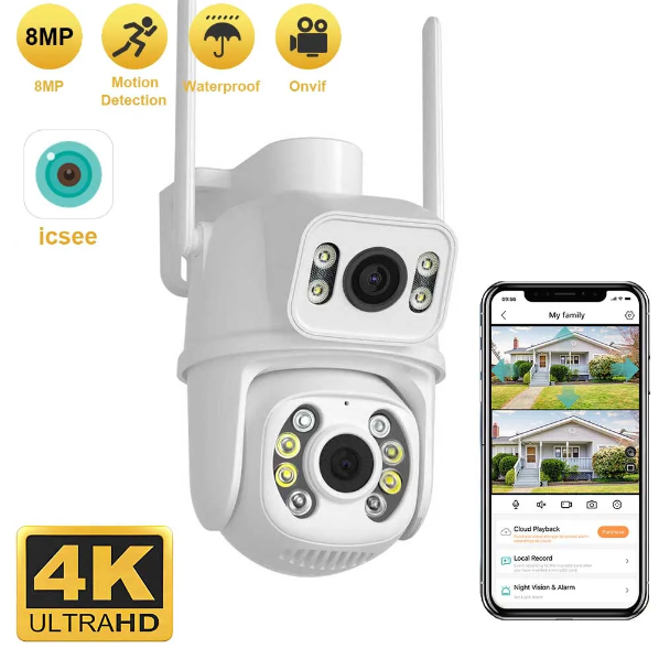 TAITAS 8MP 4K PTZ Wifi Camera Dual Lens Dual Screen Ai Human Detect Auto Tracking Wireless Outdoor Surveillance Camera iCSee