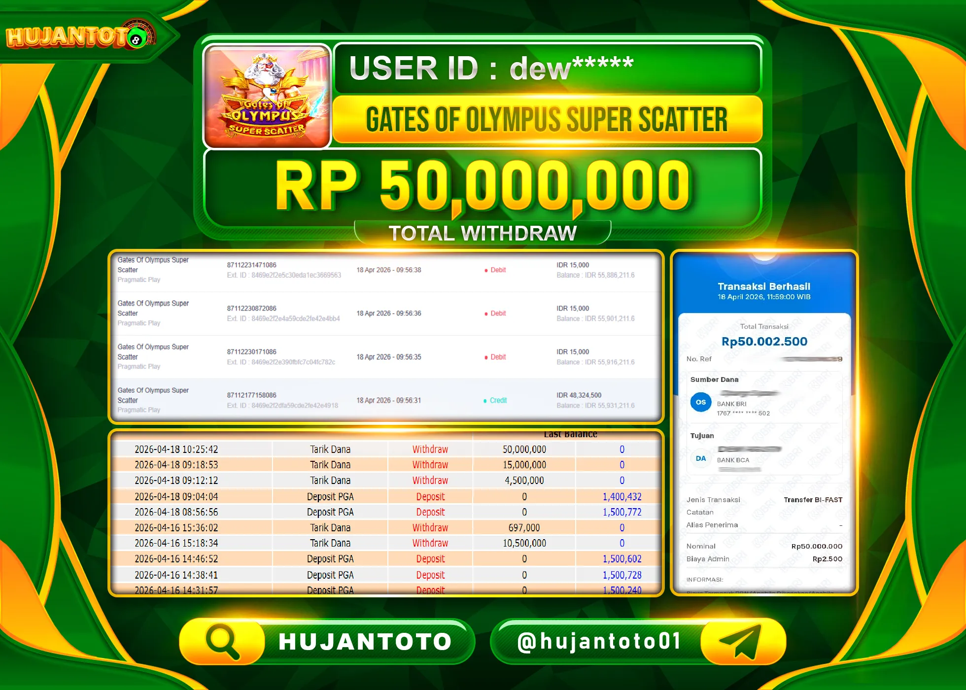 HUJANTOTO - BUKTI JACKPOT MENANG SLOT GATES OF OLYMPUS SUPER SCATTER Rp.50,000,000 - TERBAYAR LUNAS
