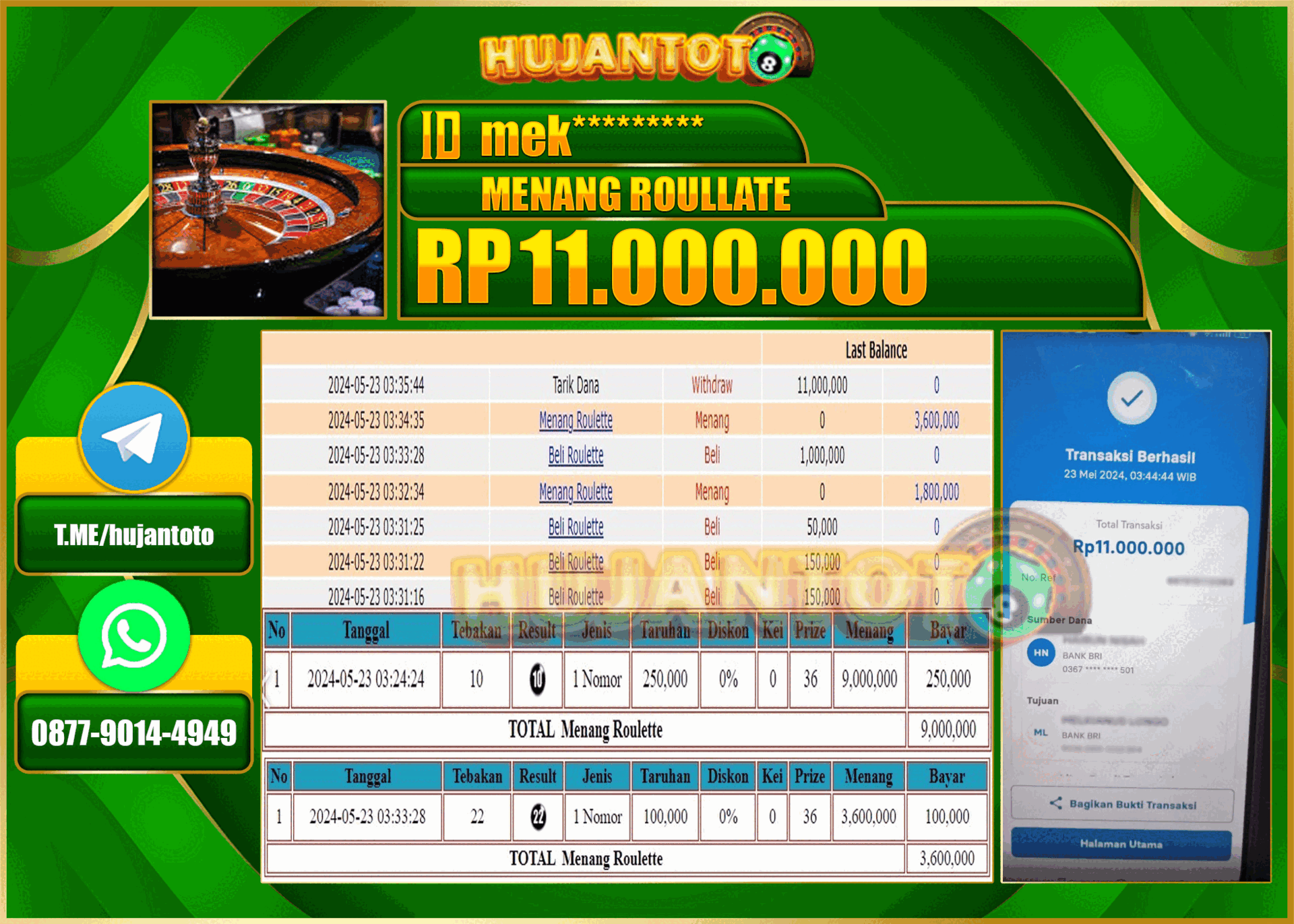 HUJANTOTO MENANG DI BACCARAT GAMES, 11,000,000 - LUNAS 