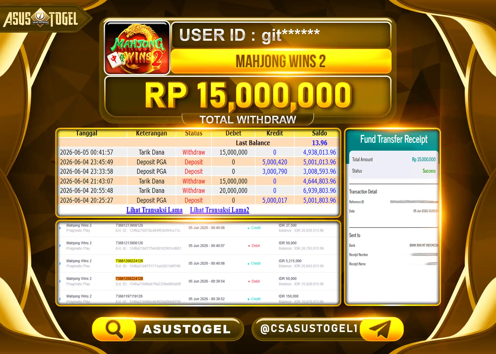 ASUSTOGEL KEMENANGAN JACKPOT SLOT MAHJONG WINS 2 Rp.15,000,000 - RUPIAH LUNAS