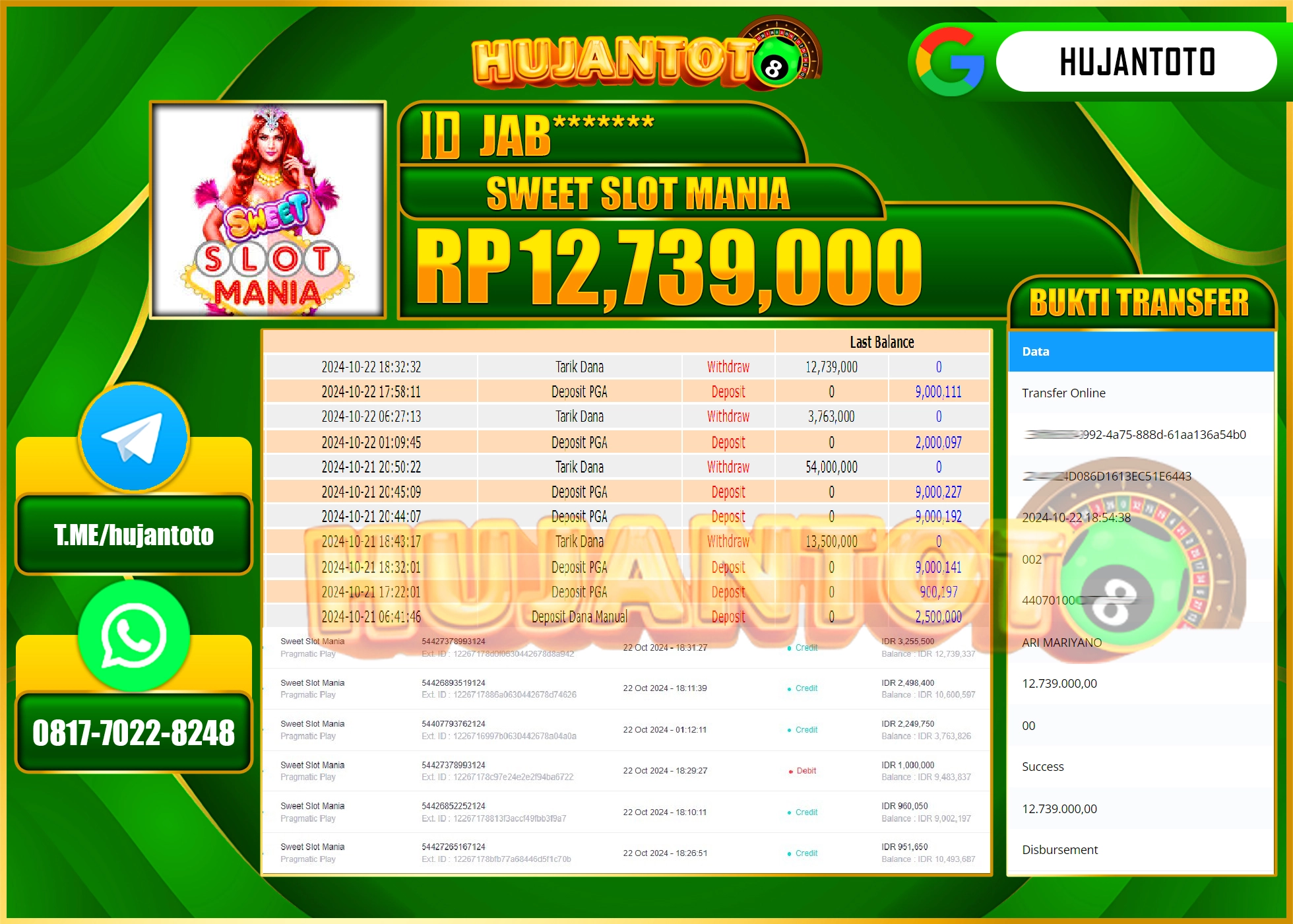 HUJANTOTO MENANG DI PERMAINAN SLOT SWEET SLOT MANIA - 12,739,000 - LUNAS