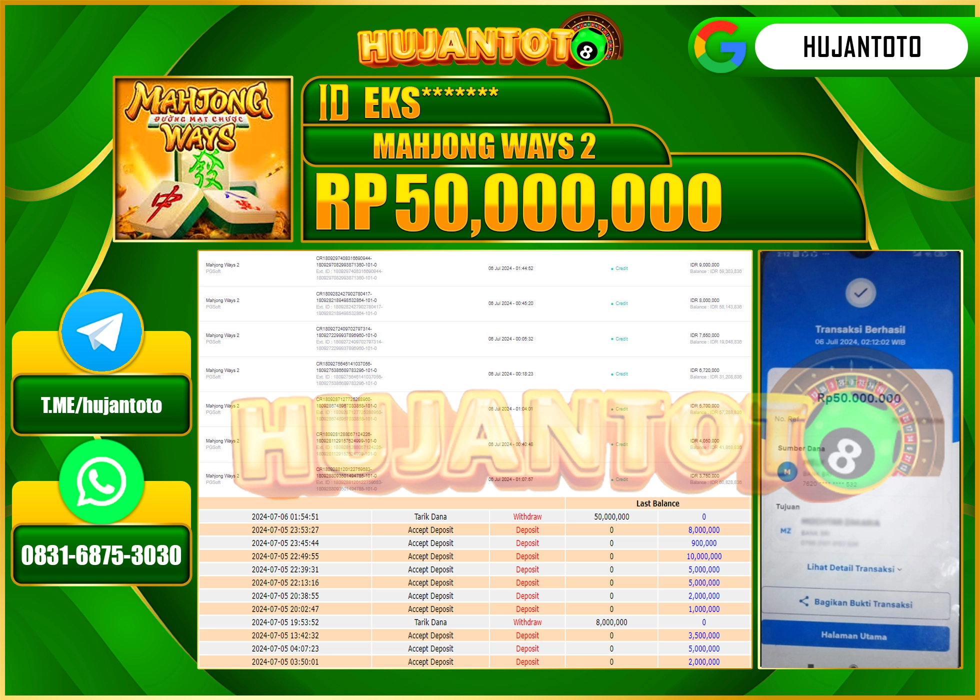 HUJANTOTO MENANG SLOT MAHJONG WAYS 2, 50,000,000 - LUNAS 