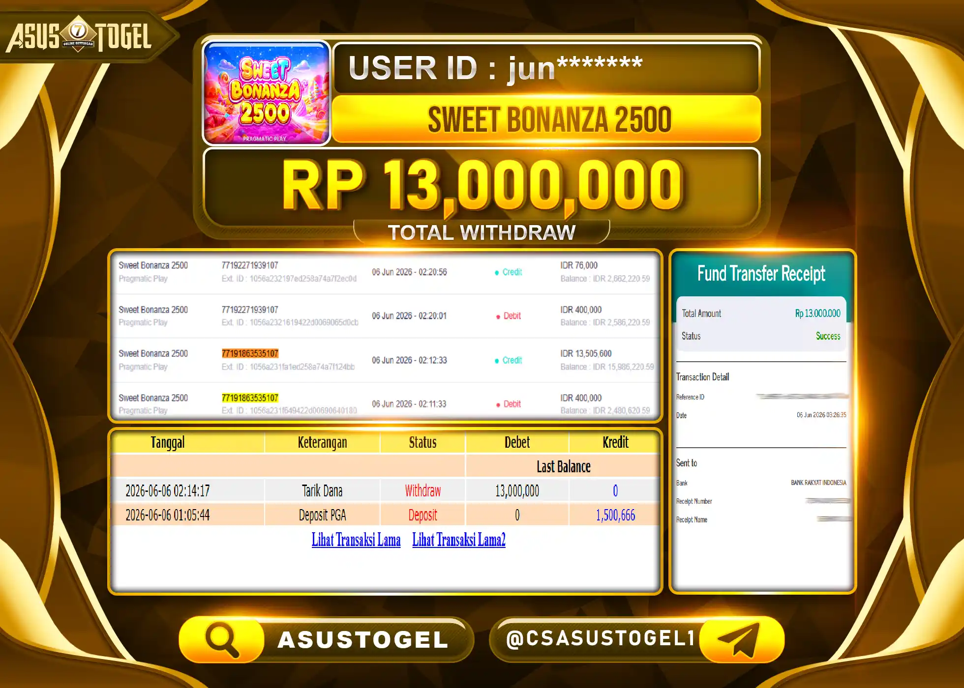 ASUSTOGEL KEMENANGAN JACKPOT  SWEET BONANZA 2500 Rp.13,000,000 - RUPIAH LUNAS