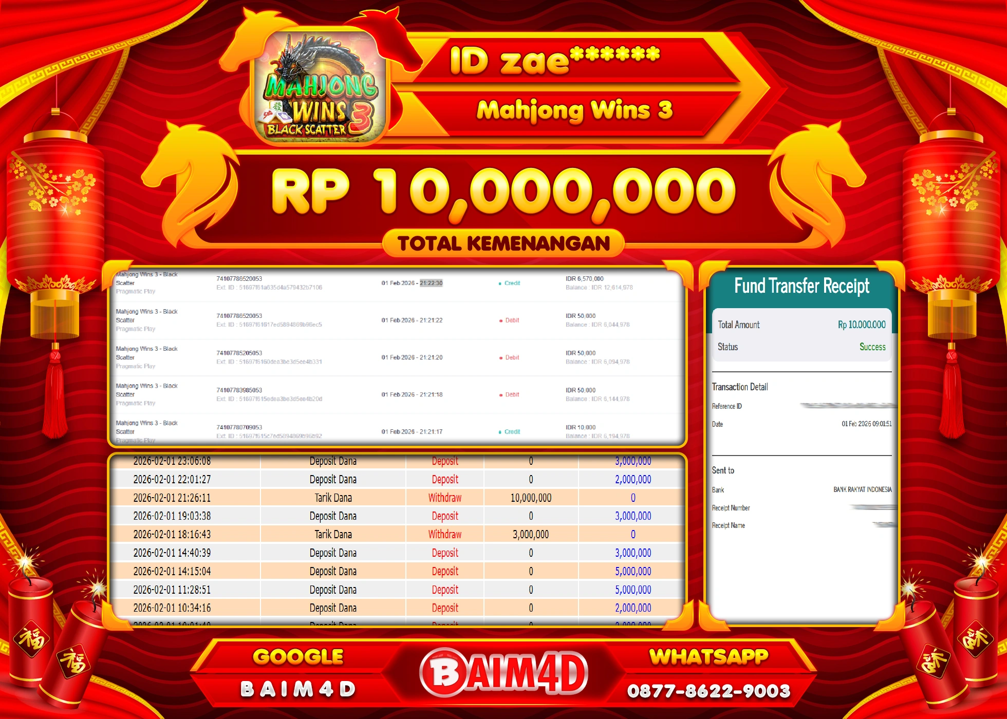 BAIM4D JACKPOT SLOT MAHYONG WINS 3  Rp.10,000,000 - LUNAS