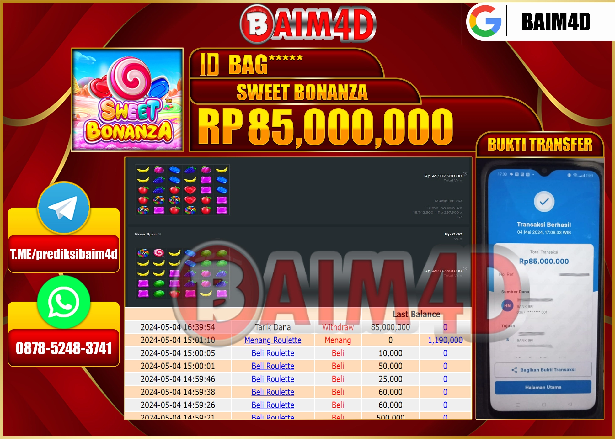 BAIM4D JACKPOT SWEET BONANZA  Rp.85,000,000.,- LUNAS
