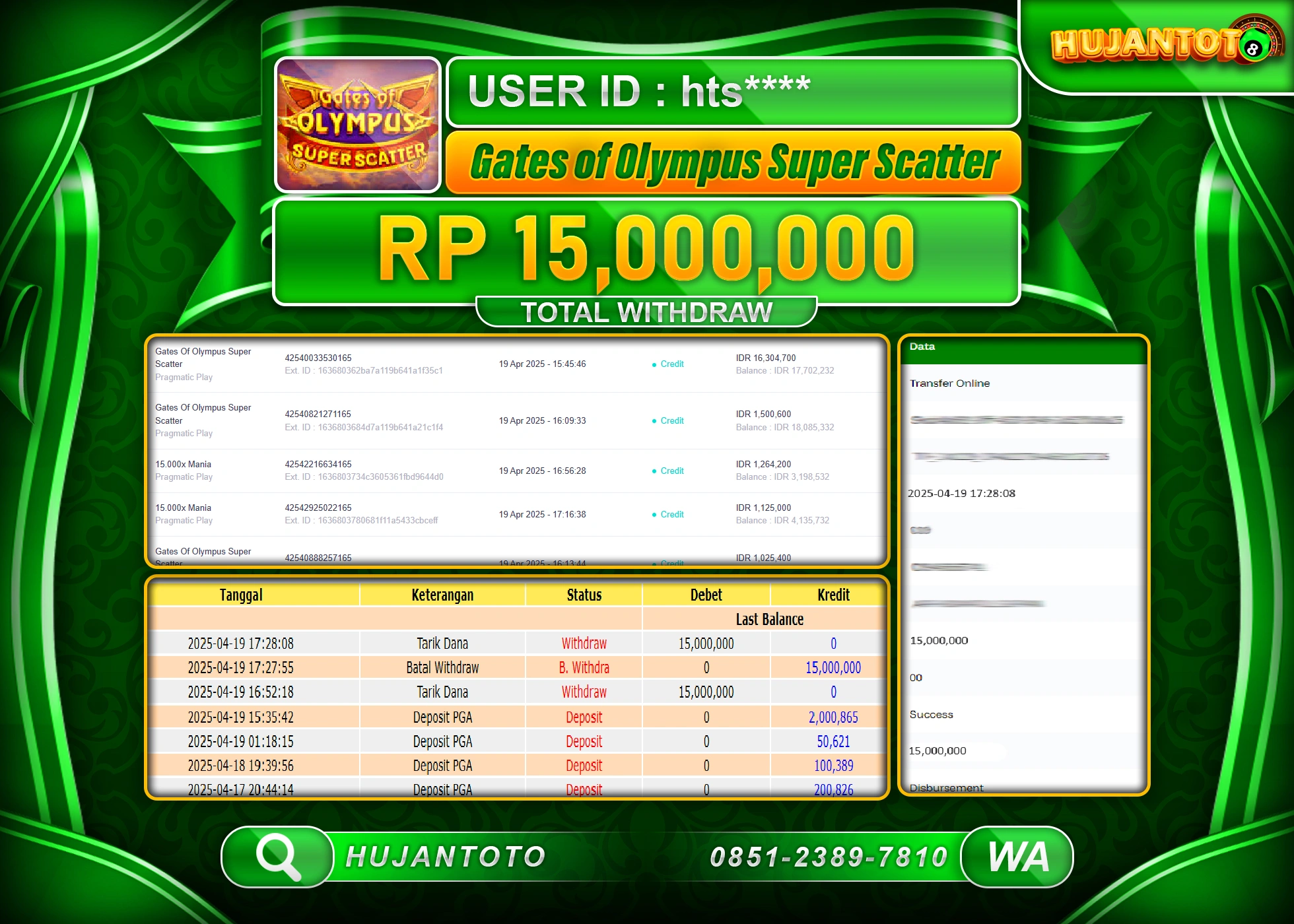 HUJANTOTO - BUKTI JACKPOT MENANG SLOT GATES OF OLYMPUS SUPER SCATTER Rp,15,000,000 - TERBAYAR LUNAS