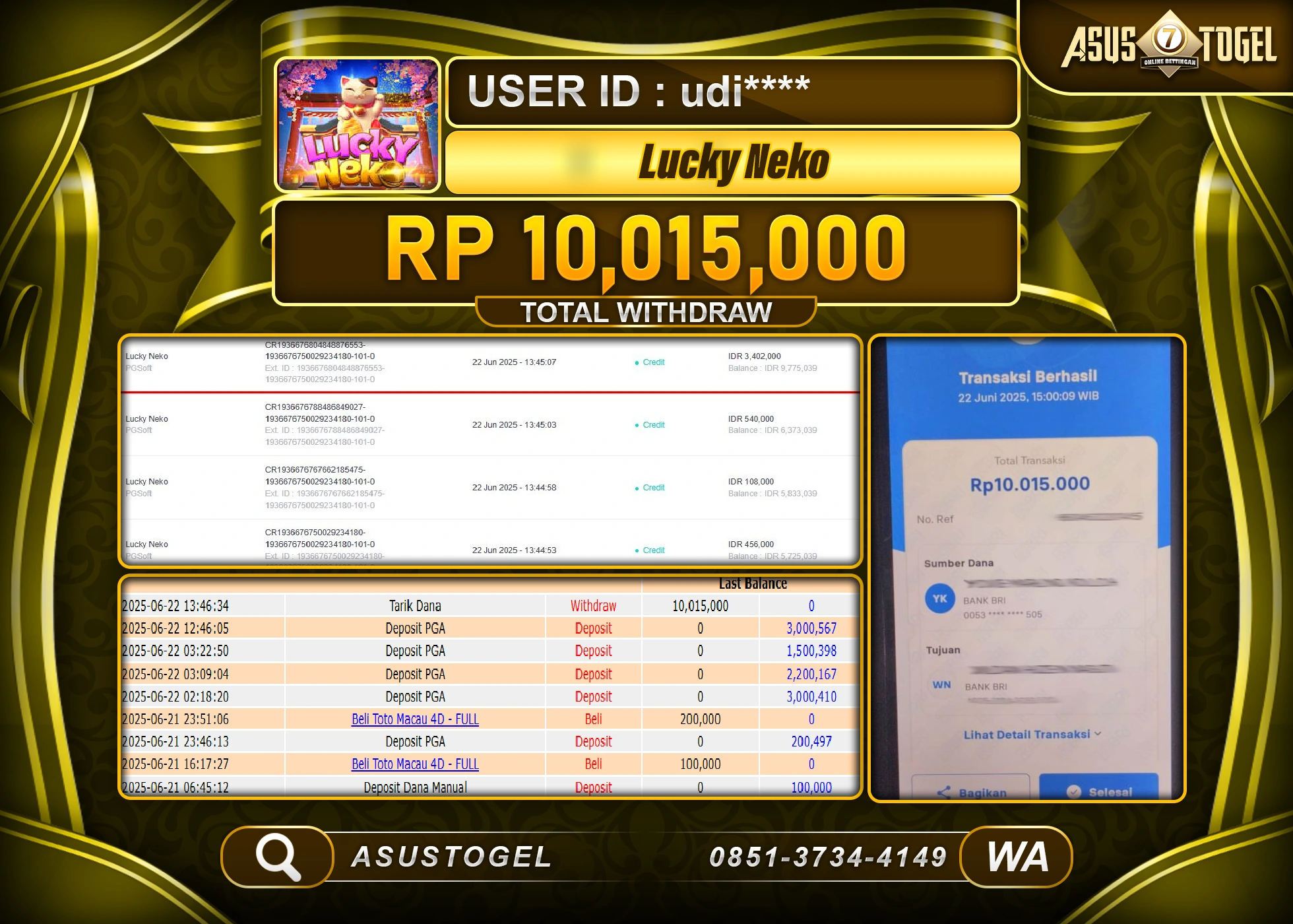 ASUSTOGEL KEMENANGAN DI SLOT GAME LUCKY NEKO SEBESAR 10,015,000- RUPIAH LUNAS