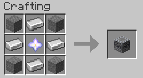 Minecraft Shaped Crafting recipe. Top row: stone, iron ingot, stone. Middle row: iron ingot, animal soul, iron ingot. Bottom row: stone, iron ingot, stone. Result is 1 Lodestone.