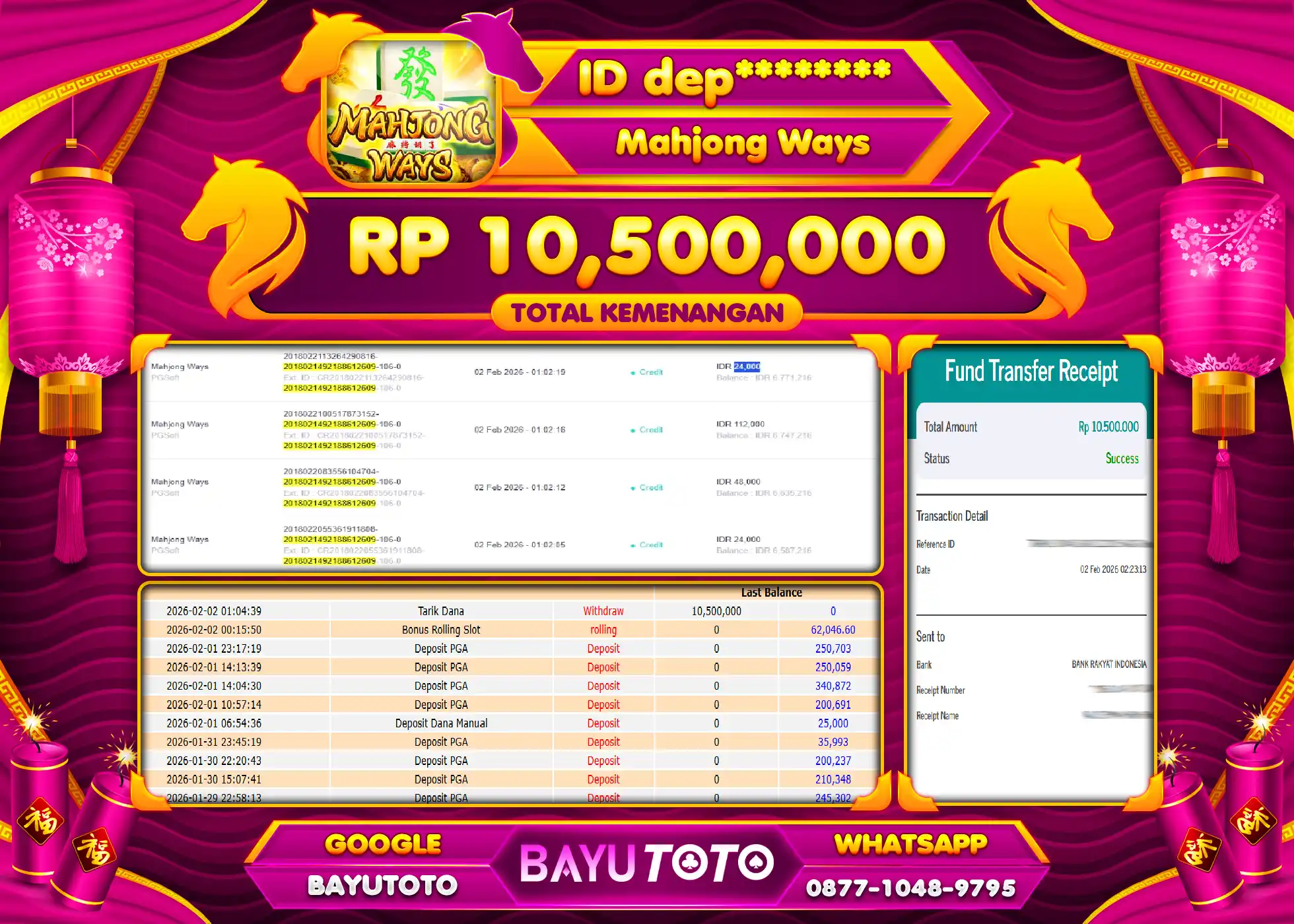 SELAMAT KEPADA MEMBER SETIA BAYUTOTO JACKPOT GAME MAHJONG WAYS Rp. 10,500,000 LUNAS