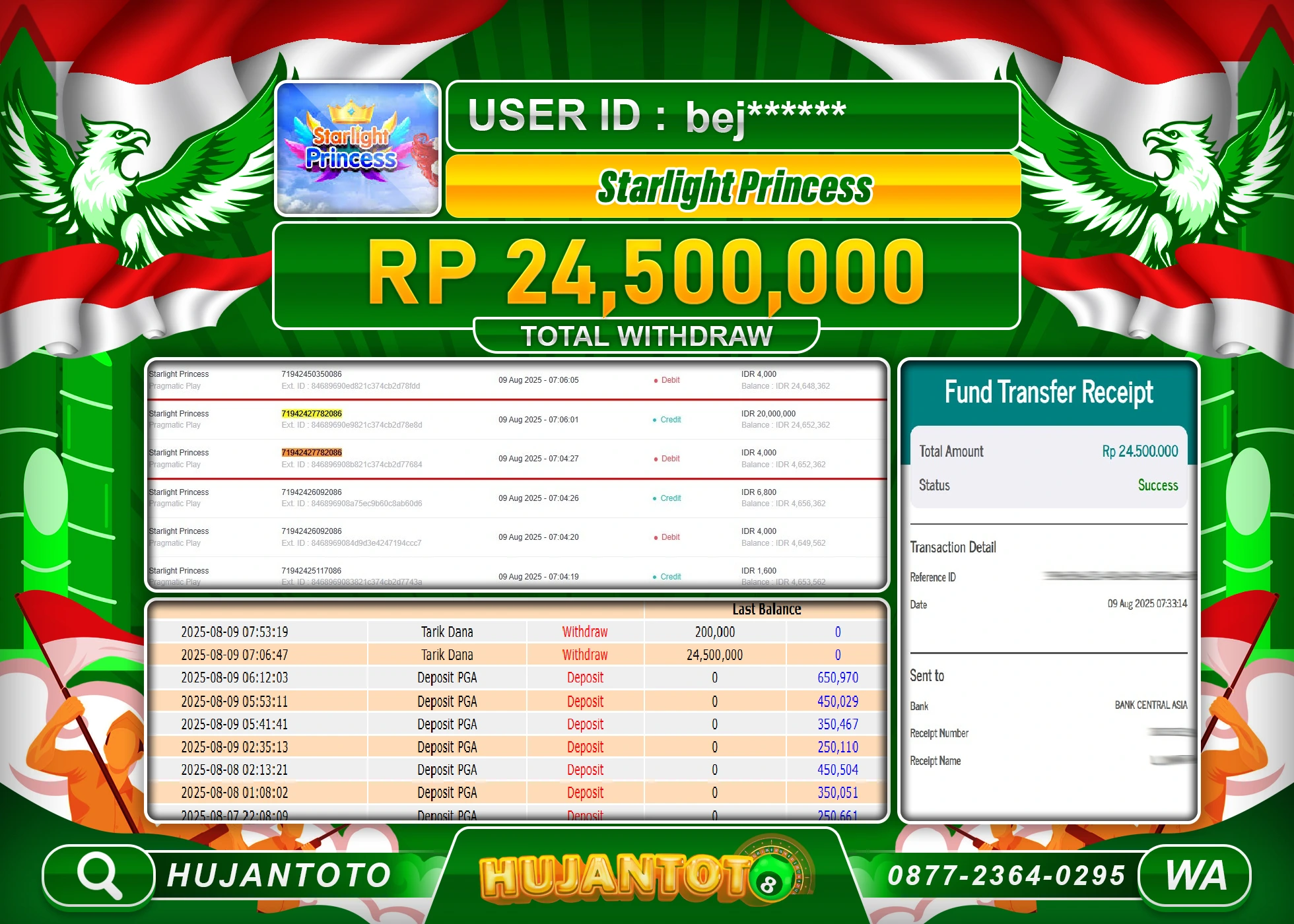 HUJANTOTO - BUKTI JACKPOT MENANG SLOT STARLIGHT PRINCES Rp.24,500,000 - TERBAYAR LUNAS