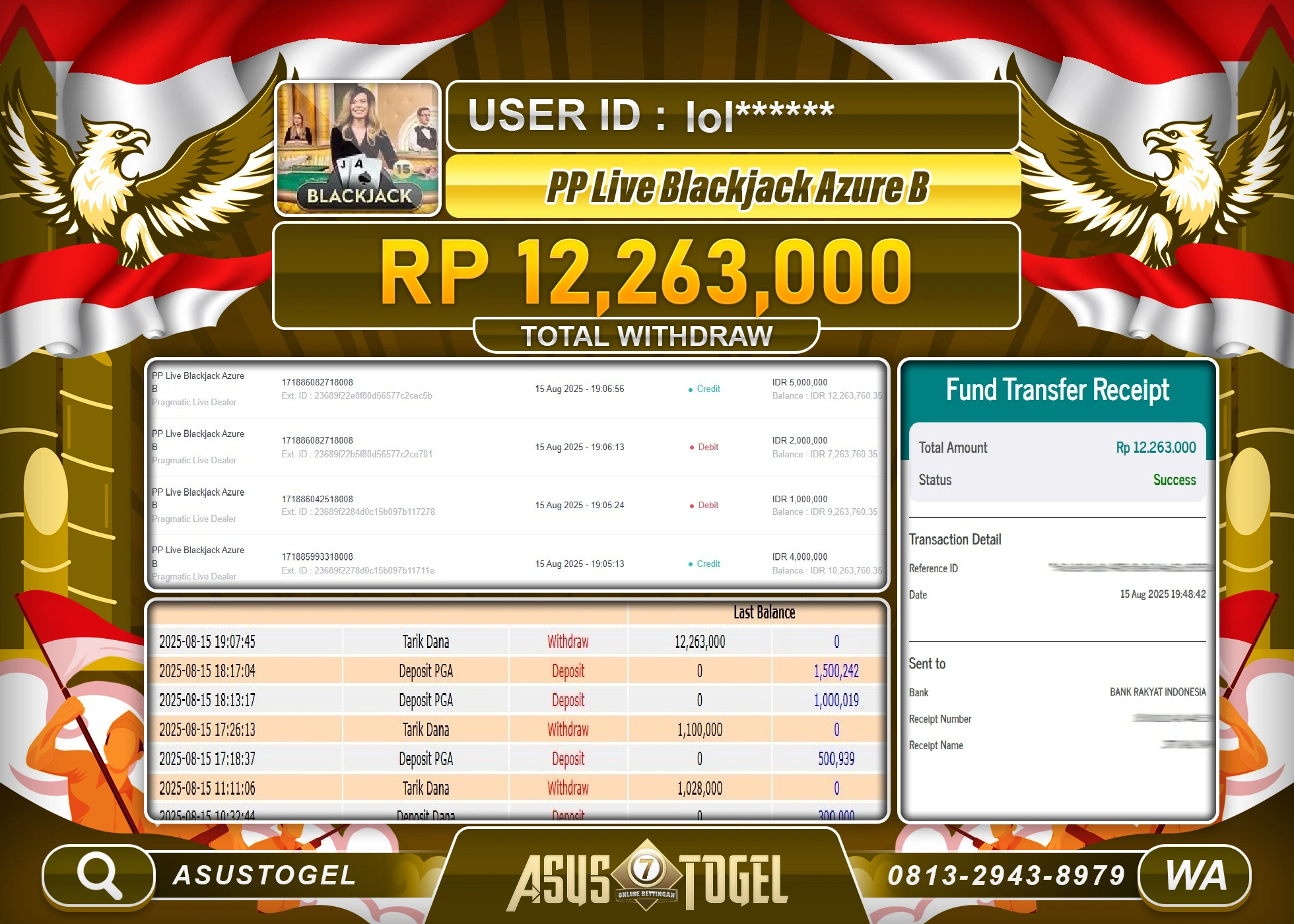ASUSTOGEL KEMENANGAN DI PP LIVE BLACKJACK AZURE B SEBESAR 12,263,000- RUPIAH LUNAS