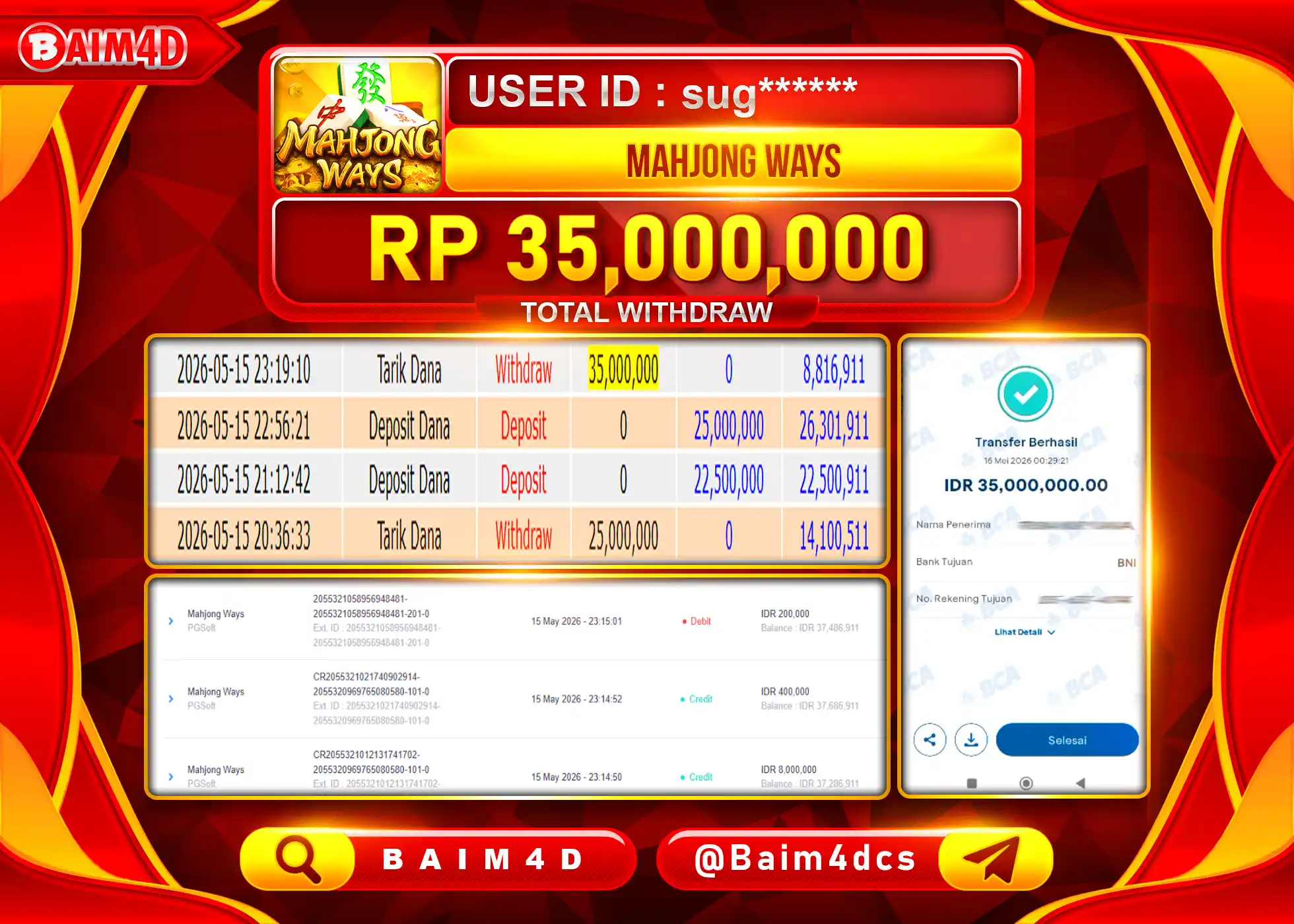 BAIM4D JACKPOT SLOT MAHJONG WAYS PG SOFT Rp.35,000,000 - LUNAS