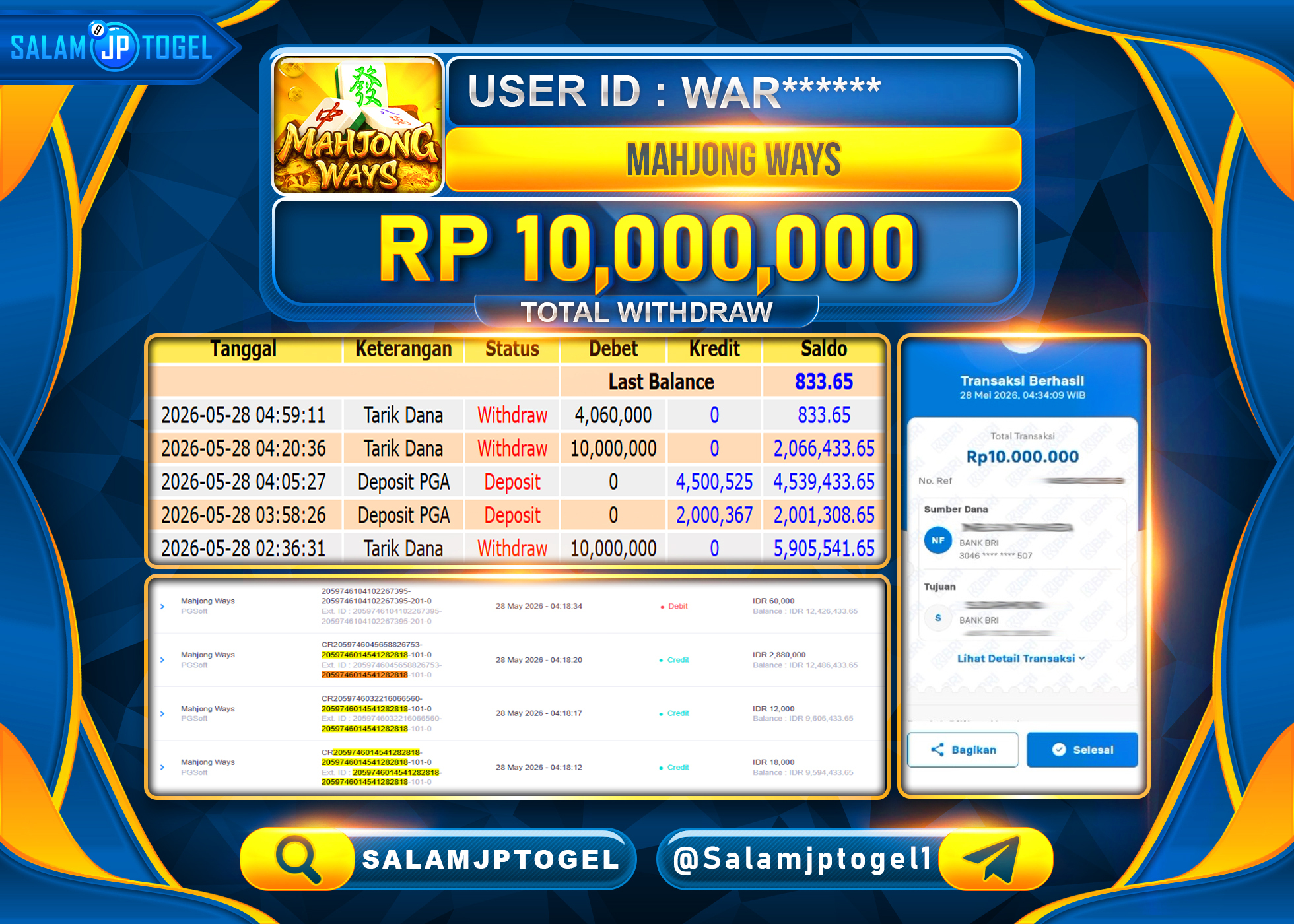 SALAMJPTOGEL JACKPOT Menang MAHJONG WAYS 2 PG SOFT Rp.10,000,000 - LUNAS