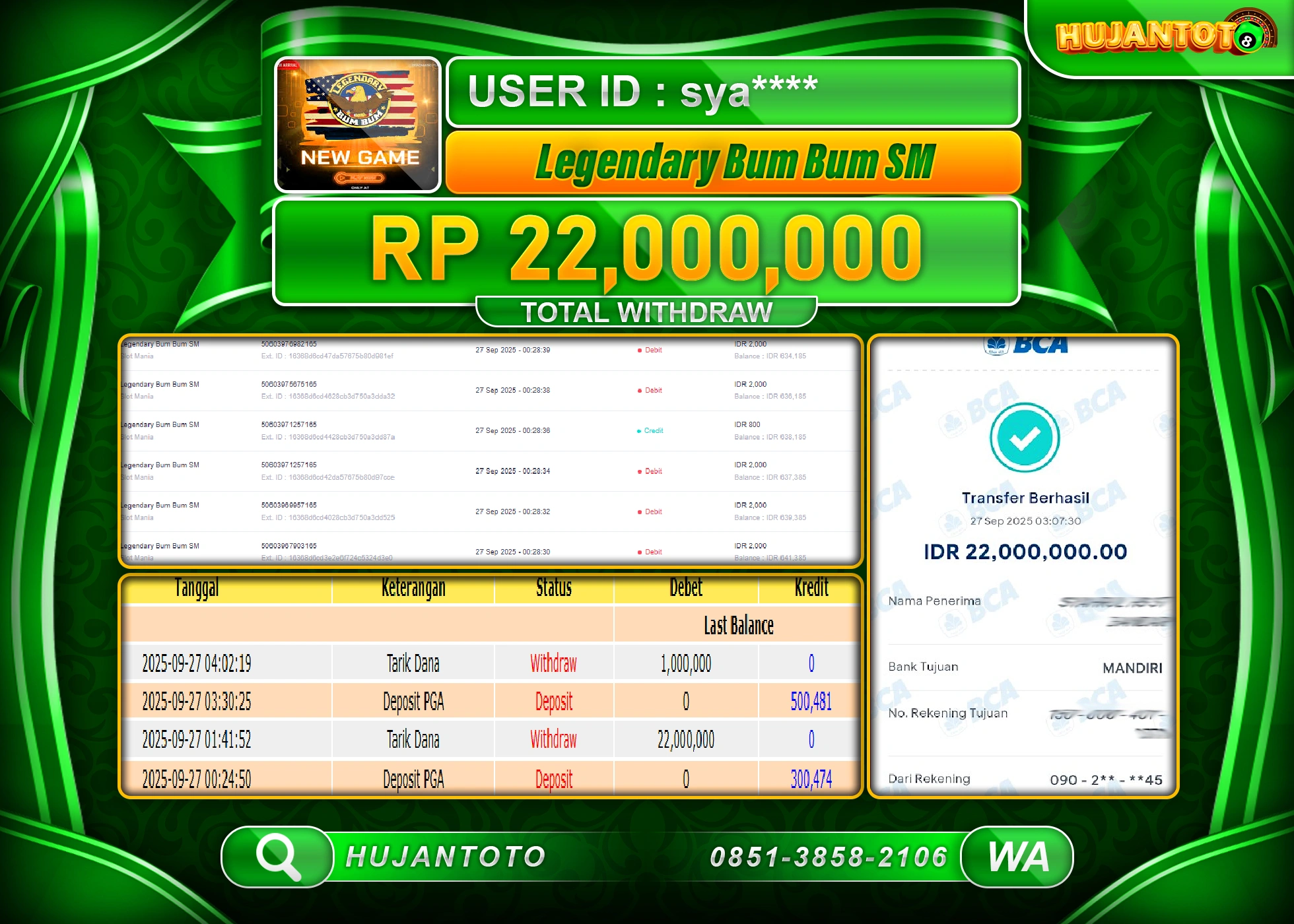 HUJANTOTO - BUKTI JACKPOT MENANG SLOT LEGENDARY BUM BUM SM Rp.22,000,000  - TERBAYAR LUNAS