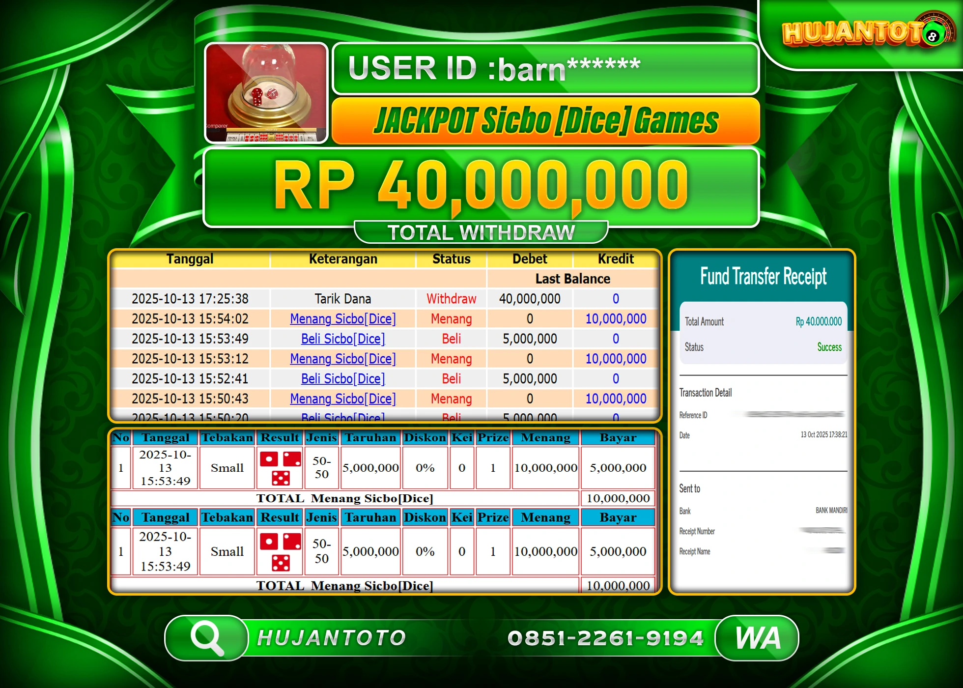 HUJANTOTO - BUKTI JACKPOT MENANG LIVEGAMES SICBO DICE Rp.40,000,000 - TERBAYAR LUNAS
