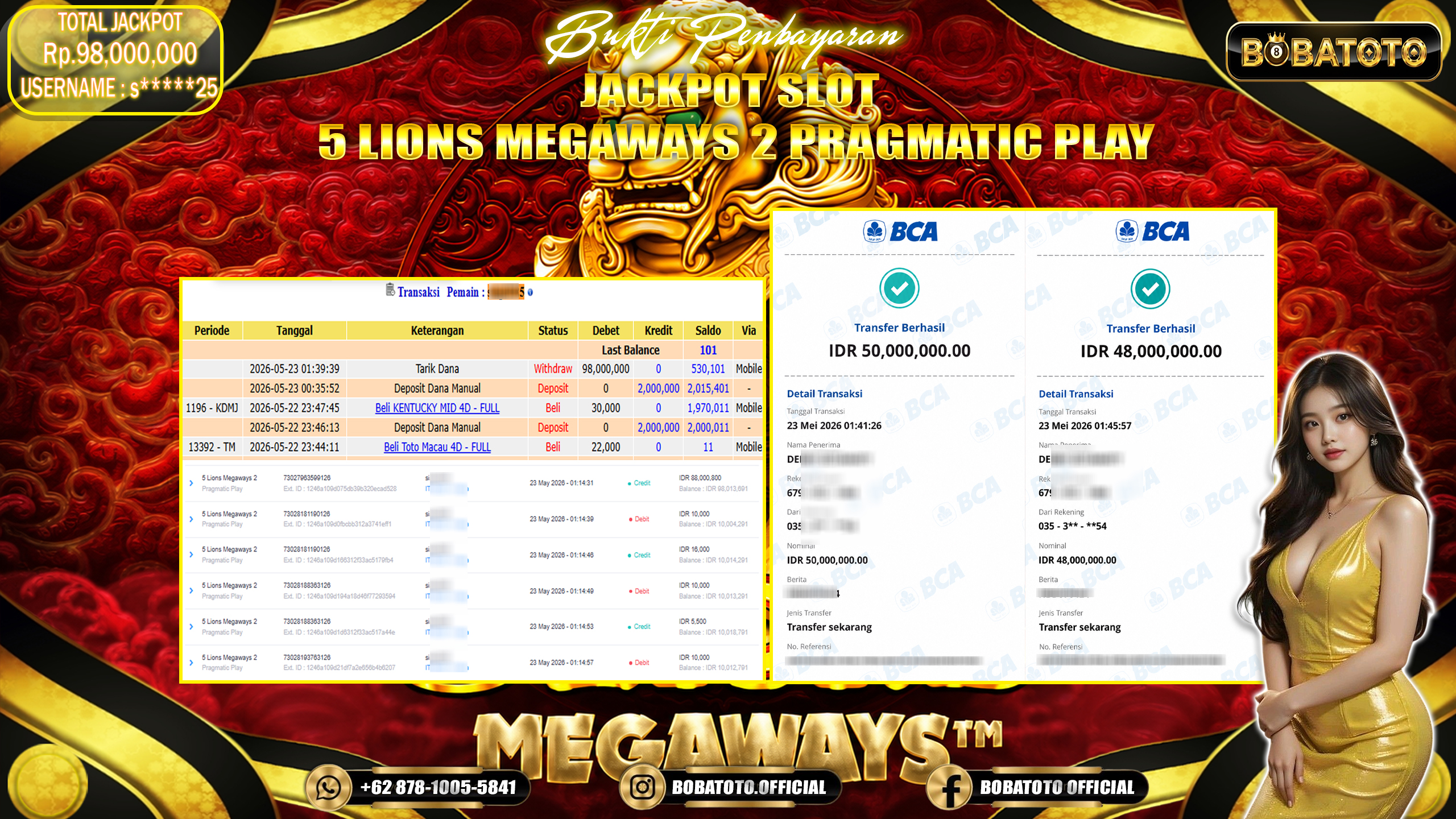 BOBATOTO JACKPOT  SLOT PG PRAGMATIC 5 LIONS MEGAWAYS 2 Rp.98,000,000,- LUNAS!!! 