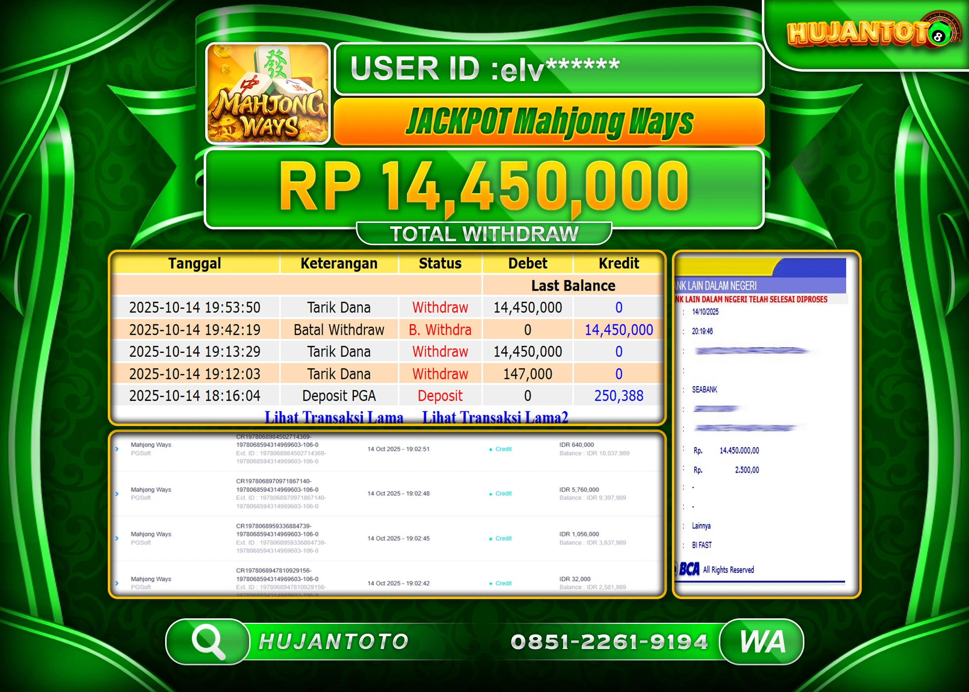 HUJANTOTO - BUKTI JACKPOT MENANG SLOT MAHJONG WAYS Rp.14,450,000 - TERBAYAR LUNAS