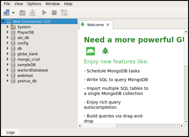 The Robo3T lists all available MongoDB databases once the connection to MongoDB is successful