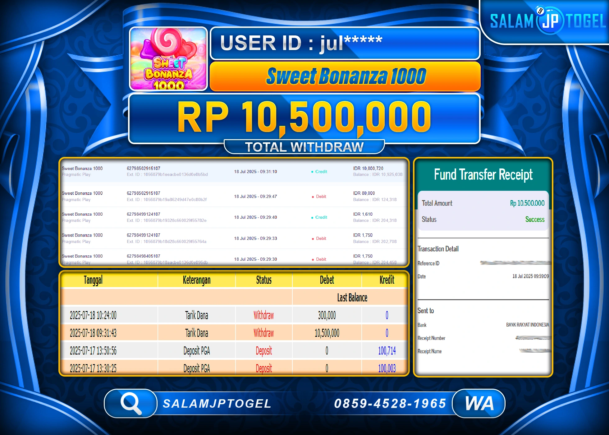 SALAMJPTOGEL MENANG SWEET BONANZA 1000 Rp.10,500,000