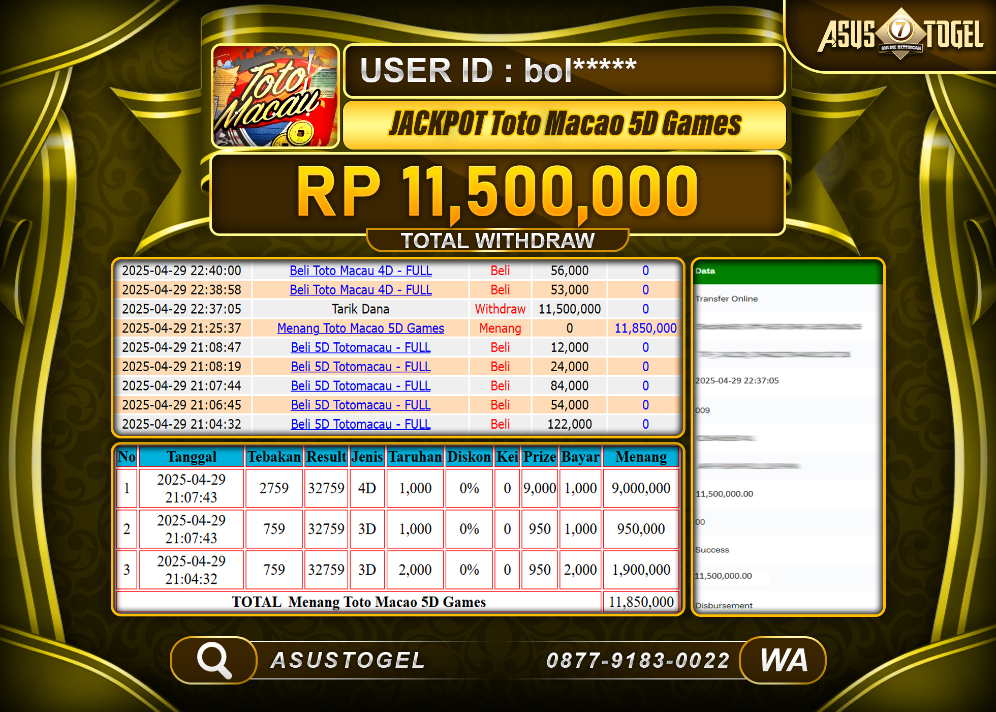 ASUSTOGEL KEMENANGAN DI TOGEL TOTO MACAU 5D SEBESAR 11,500,000- RUPIAH LUNAS