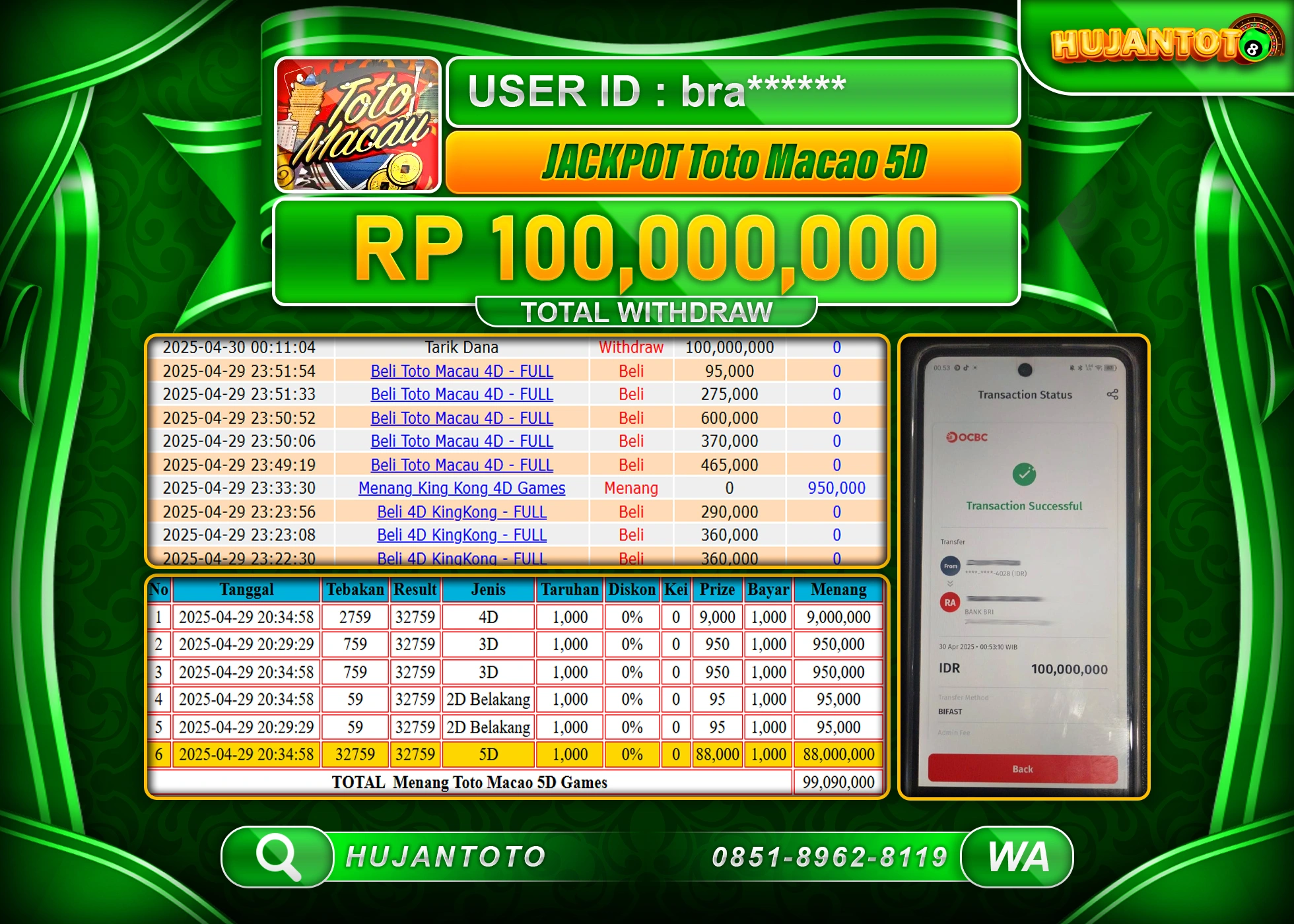 HUJANTOTO - BUKTI JACKPOT MENANG TOGEL TOTO MACAU 5D Rp,100,000,000 - TERBAYAR LUNAS