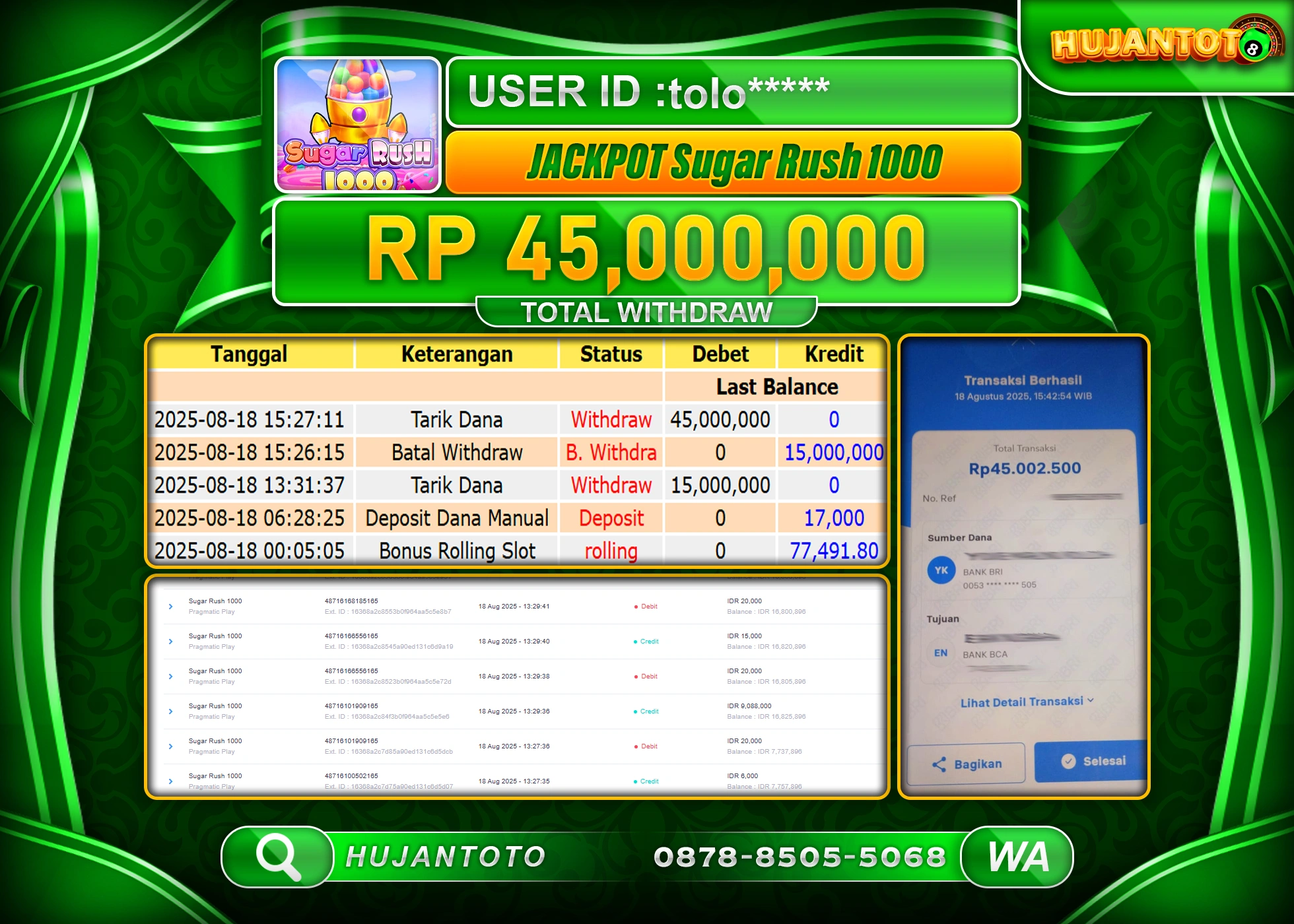HUJANTOTO - BUKTI JACKPOT MENANG SLOT SUGAR RUSH 1000 Rp.45,000,000 - TERBAYAR LUNAS