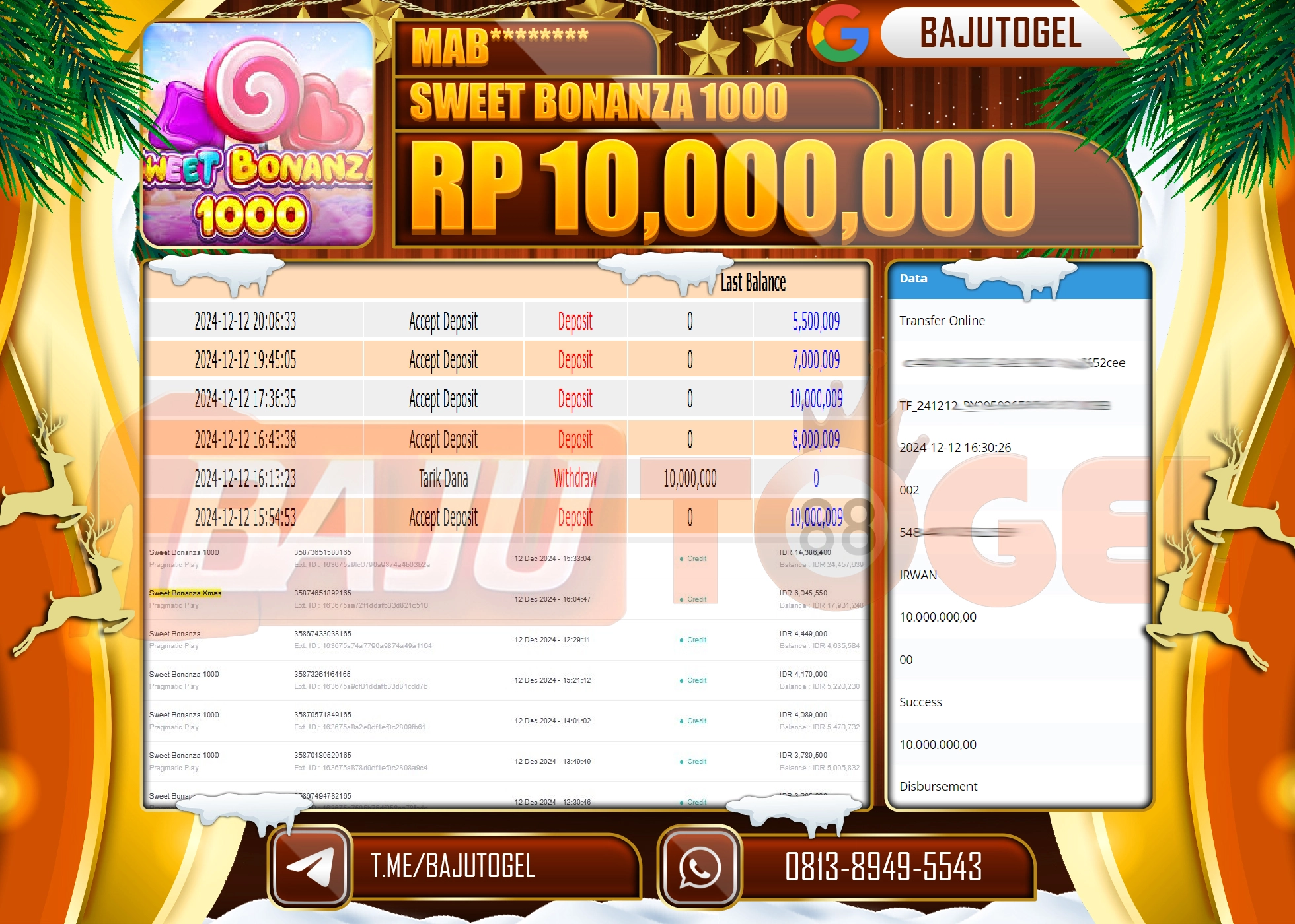 BAJUTOGEL JACKPOT SWEET BONANZA 1000 Rp.10.000.000 LUNAS