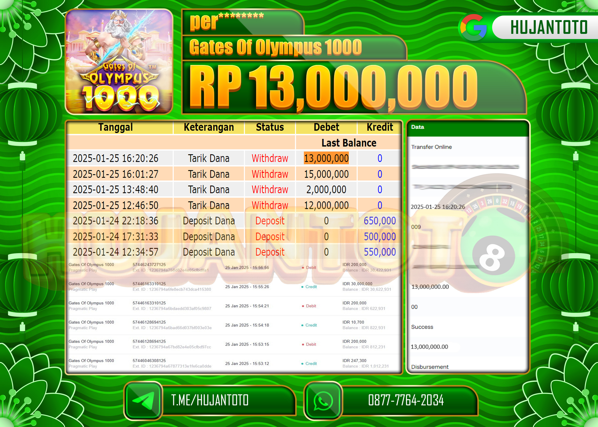 HUJANTOTO - BUKTI JACKPOT DI SLOT GATES OF OLYMPUS 1000 Rp,13,000,000 - TERBAYAR LUNAS
