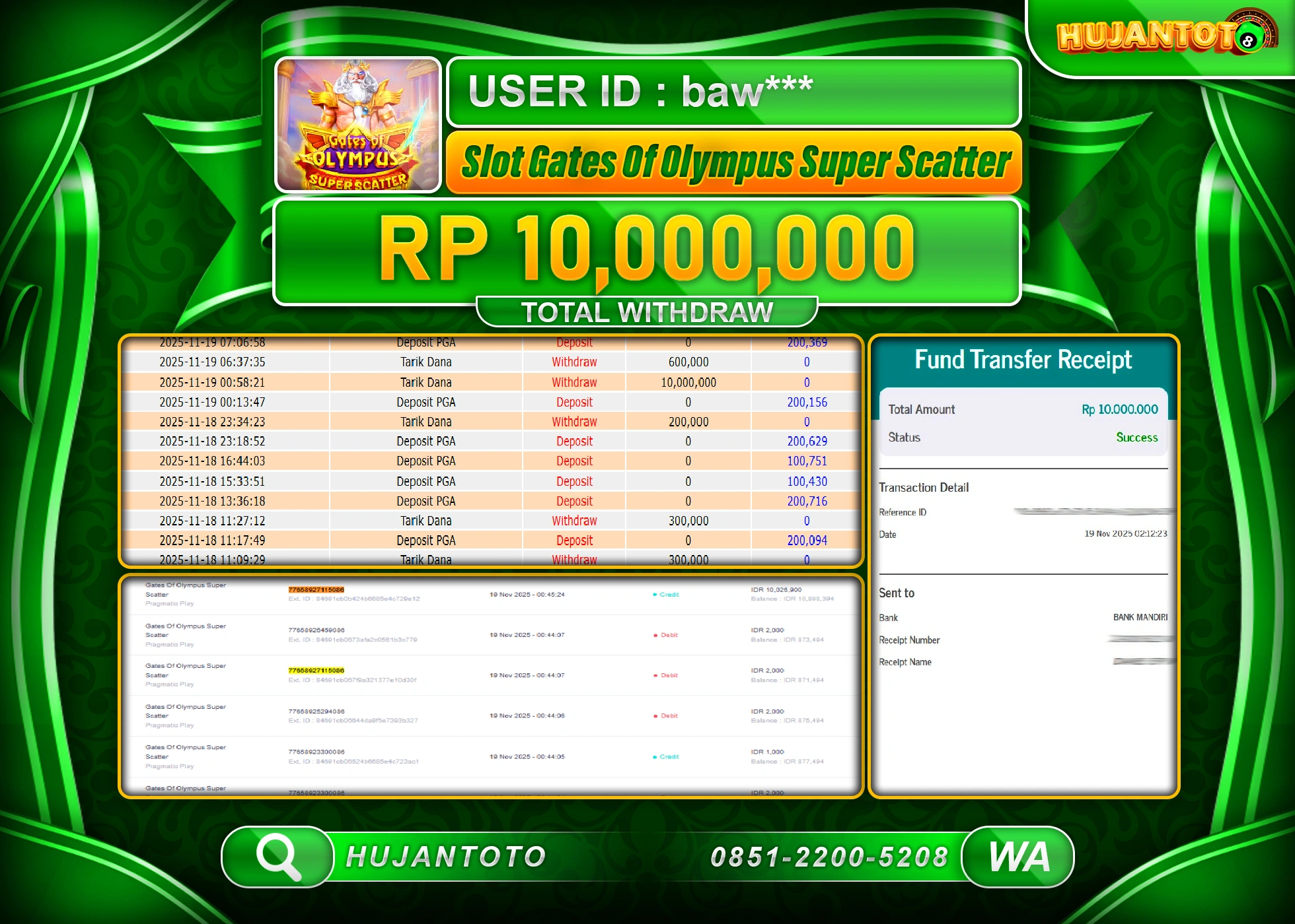 HUJANTOTO - BUKTI JACKPOT MENANG SLOT GATES OF OLYMPUS SUPER SCATTER Rp.10,000,000 - TERBAYAR LUNAS