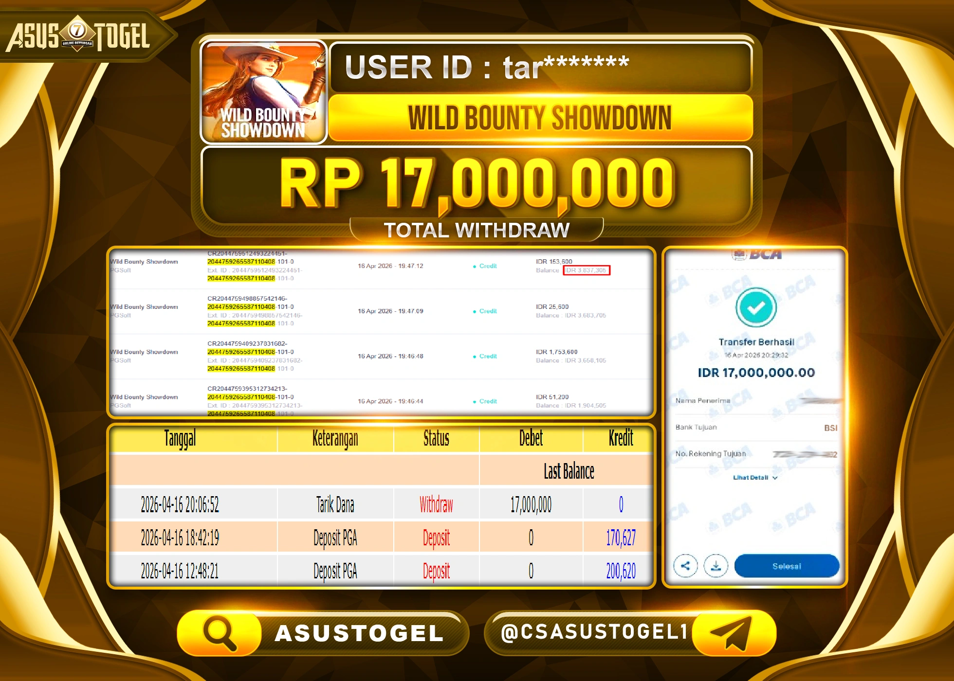 ASUSTOGEL KEMENANGAN JACKPOT DI PERMAINAN WILD BOUNTY SHOWDOWN SEBESAR Rp.17,000,000 - RUPIAH LUNAS