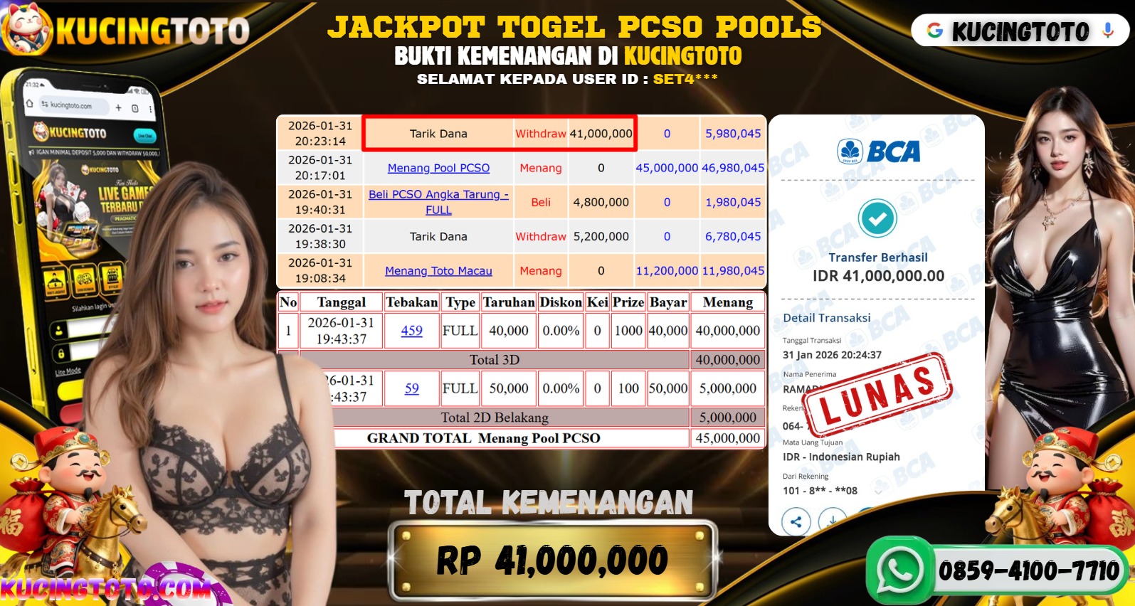 KUCINGTOTO JACKPOT TOGEL PCSO POOLS RP.41.000.000.,- LUNAS