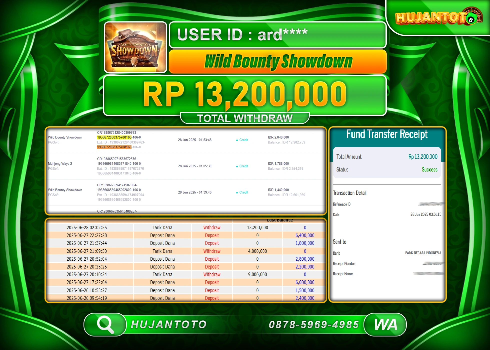 HUJANTOTO - BUKTI JACKPOT MENANG SLOT WILD BOUNTY SHOWDOWN Rp. 13,200,000 - TERBAYAR LUNAS
