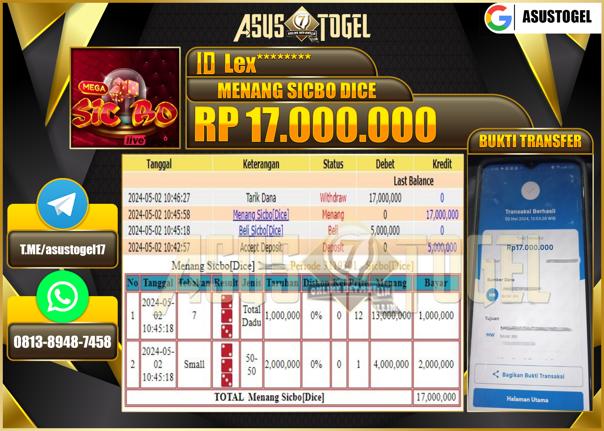 ASUSTOGEL MENANG GAMES SICBO 17.000.000- LUNAS