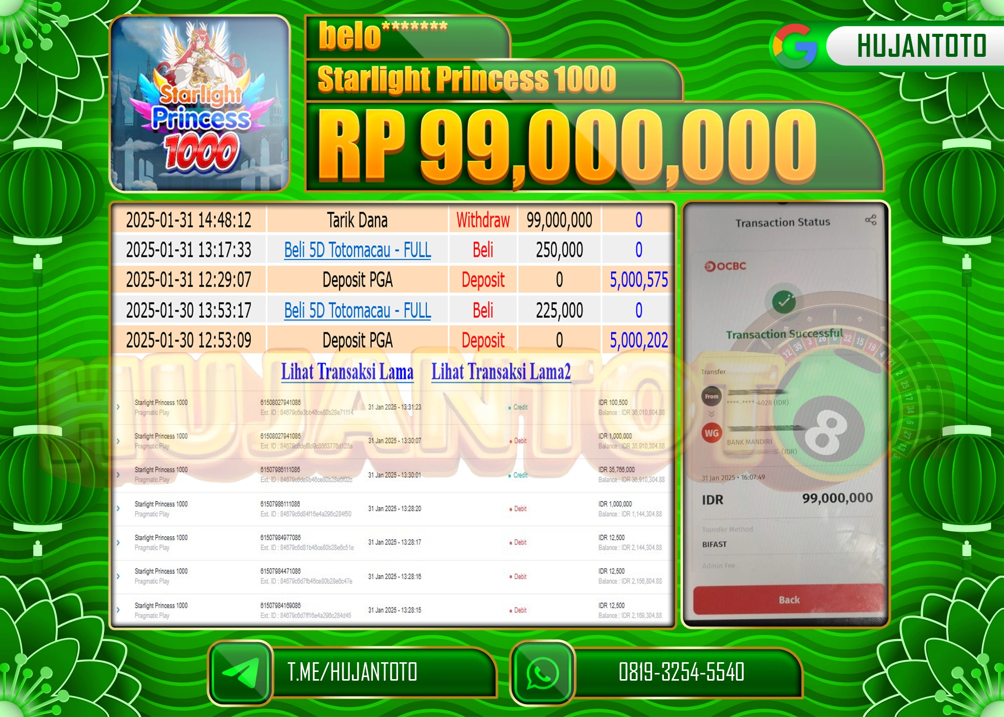 HUJANTOTO - BUKTI JACKPOT MENANG SLOT STARLIGHT PRINCESS 1000 Rp,99,000,000 - TERBAYAR LUNAS