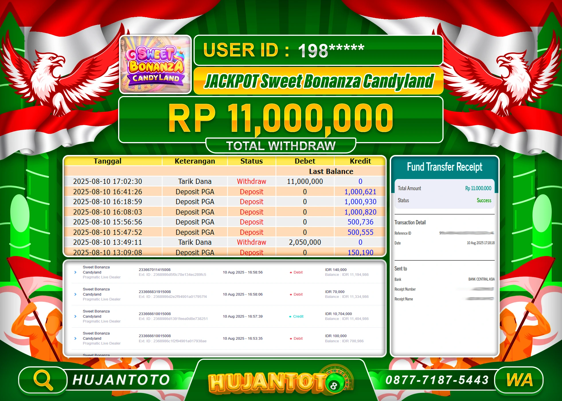 HUJANTOTO - BUKTI JACKPOT MENANG SLOT SWEET BONANZA CANDYLAND Rp.11,000,000 - TERBAYAR LUNAS