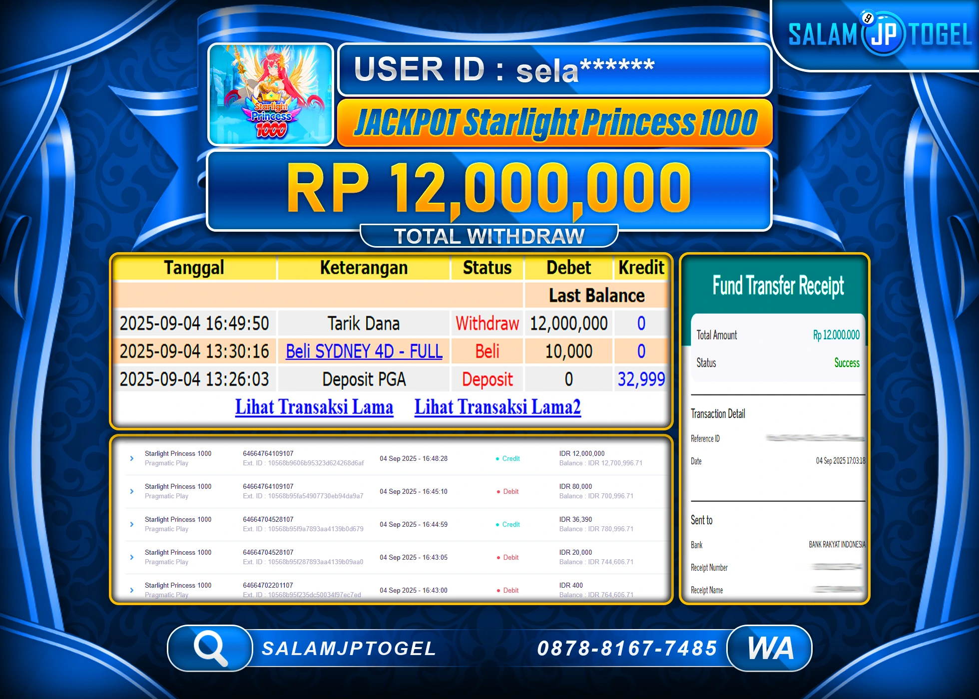 SALAMJPTOGEL MENANG STARLIGHT PRINCESS 1000 Rp.12,000,000